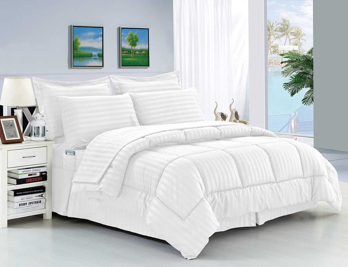Elegant Comfort Wrinkle Resistant - Silky Soft Dobby Stripe Bed-In-A-Bag 8-Piece Comforter Set - King White