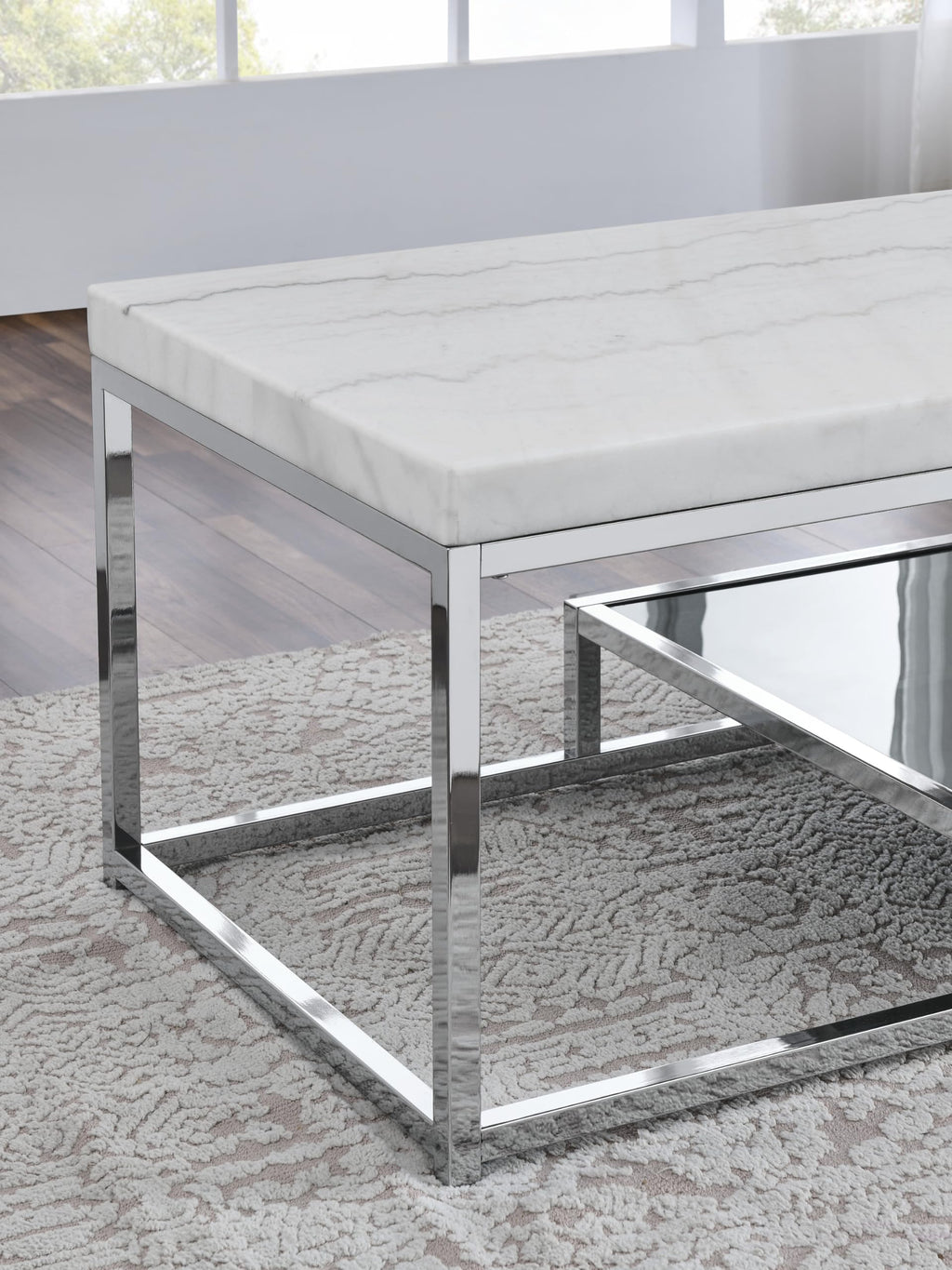 Steve Silver Company Rectangular Aston White Marble Top Cocktail Coffee Table, Marble Veneer Top, Tempered Black Glass, Chrome Sled Base, 47" L x 24" W x 20" H, White