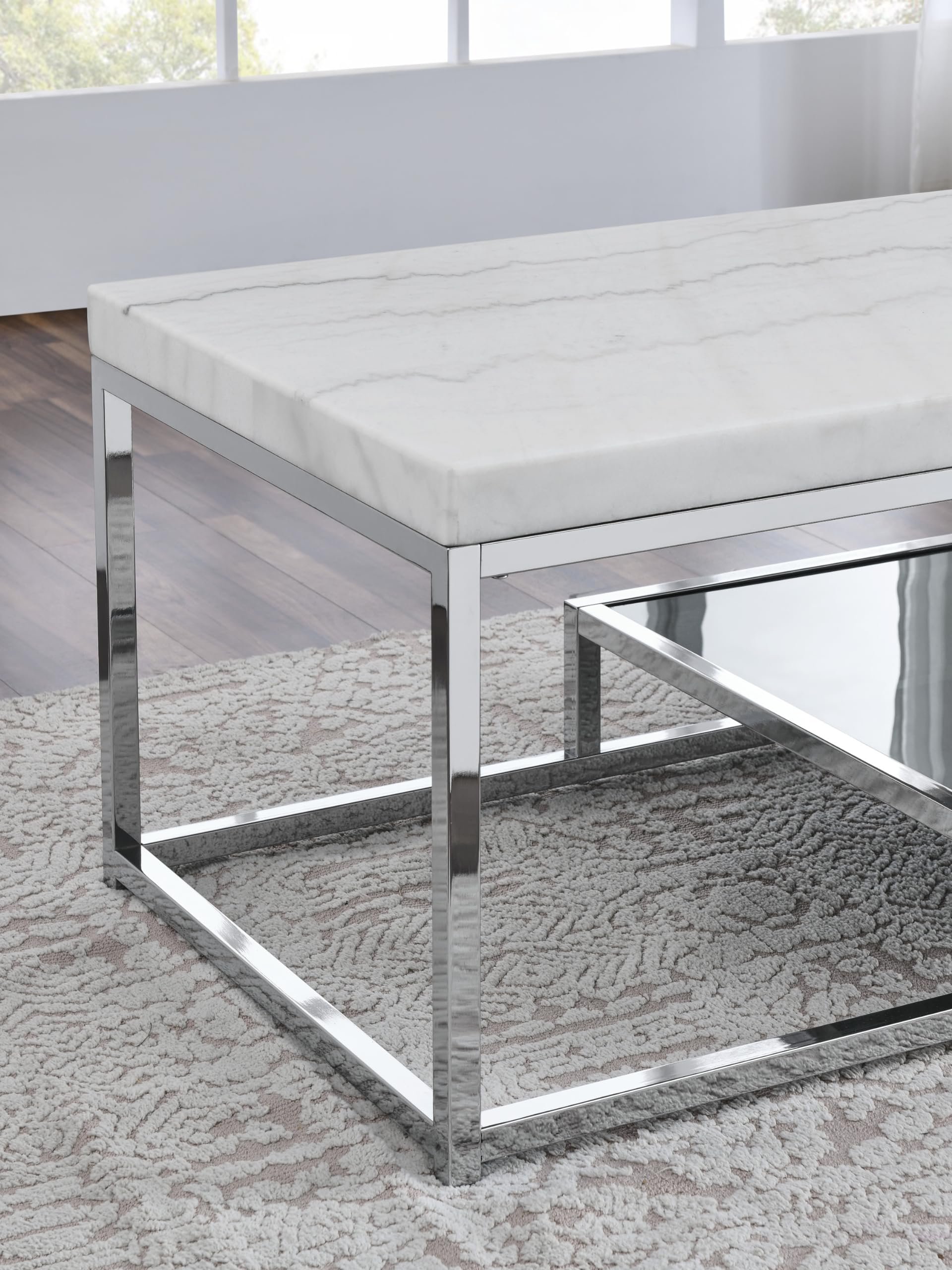Steve Silver Company Rectangular Aston White Marble Top Cocktail Coffee Table, Marble Veneer Top, Tempered Black Glass, Chrome Sled Base, 47" L x 24" W x 20" H, White