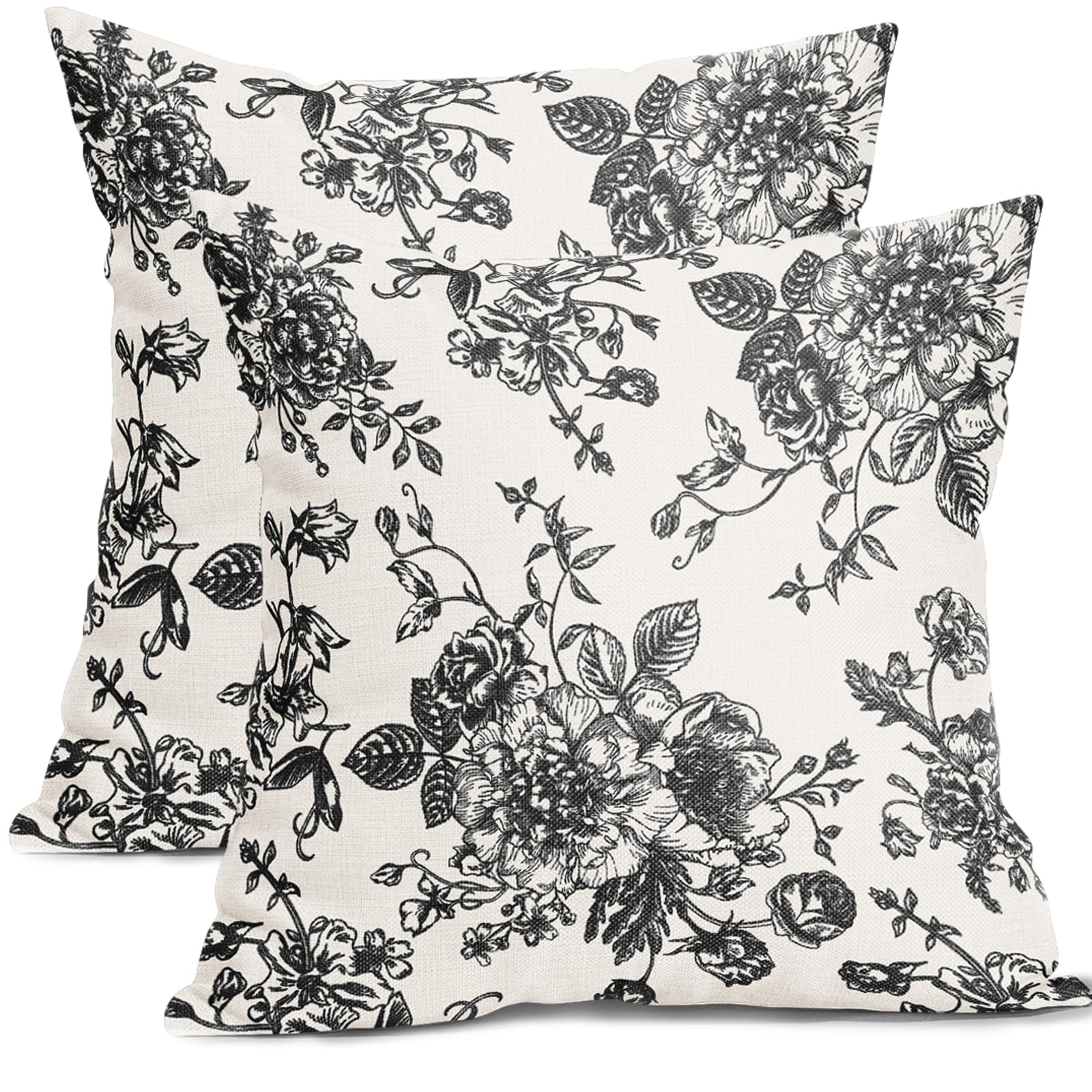 Black Floral Pillow Covers 20X20 Inch Vintage Flower Black White Decorative Throw Pillow Covers Set Of 2 Farmhouse Pillowcases C