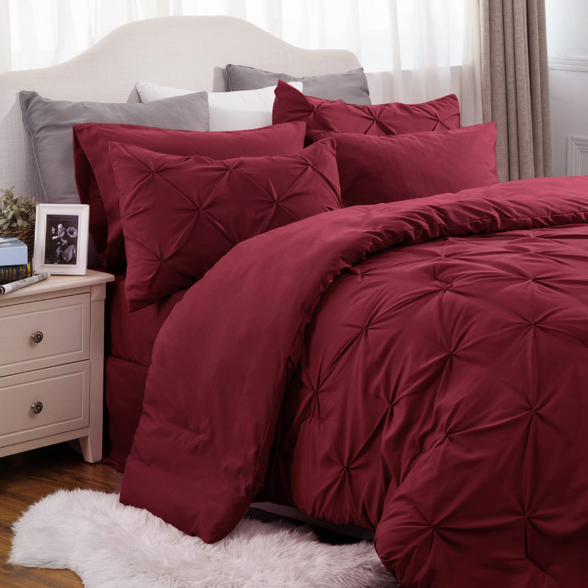 Bedsure Red Comforter Set Queen - Bed In A Bag Queen 7 Pieces, Pintuck Bedding Sets Burgundy Bed Set With Comforter, Sheets, Pil