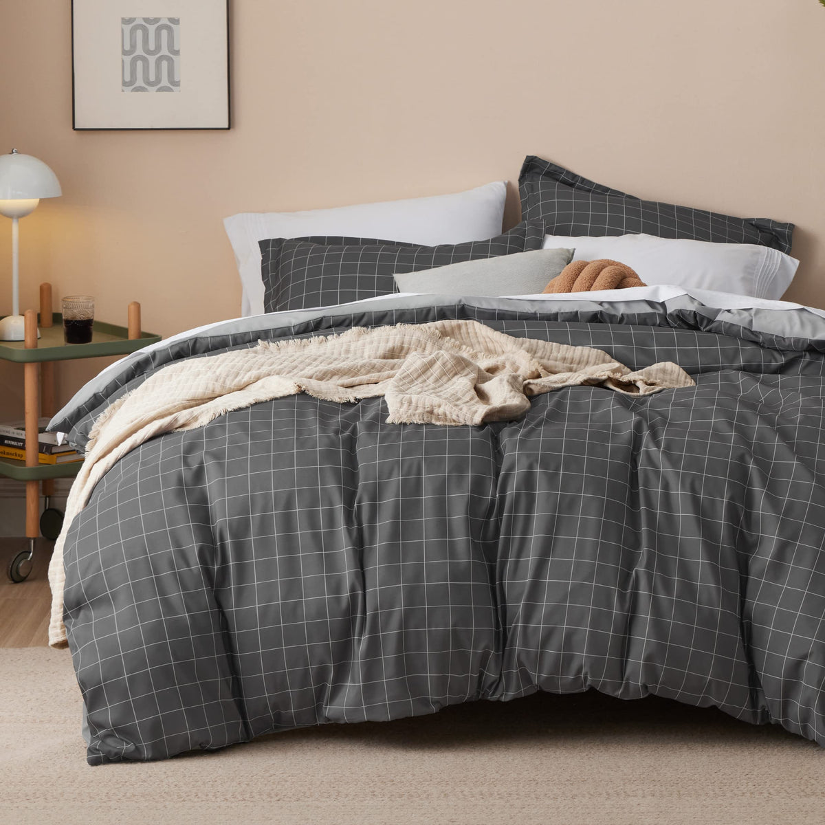 Bedsure Plaid Duvet Cover Twin Size - Grid Duvet Cover Set For Kids With Zipper Closure, Dark Grey Bedding Set, 2 Pieces, 1 Kids