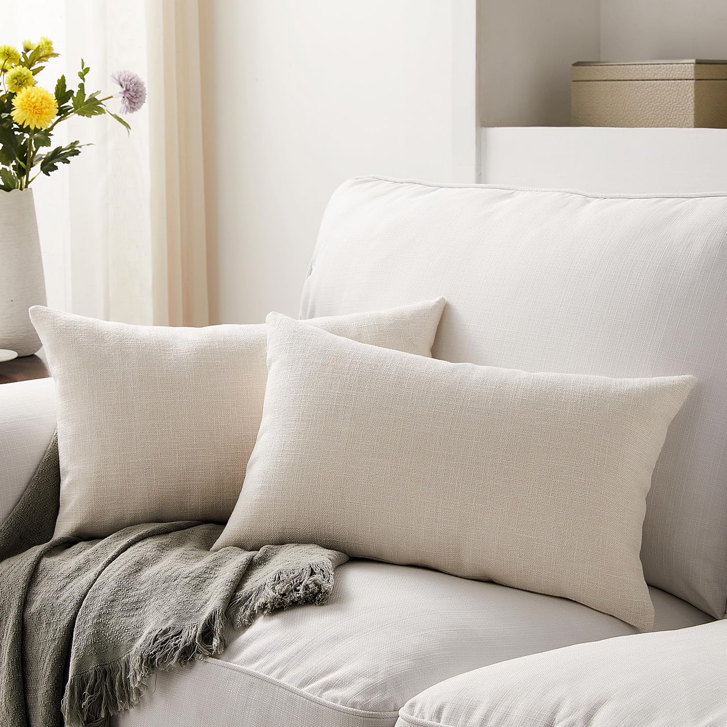 Meekio Set Of 2 Ivory Pillow Covers 12 X 20 Inch Farmhouse Boho Decorative Throw Pillow Covers Linen Cushion Covers For Sofa Cou