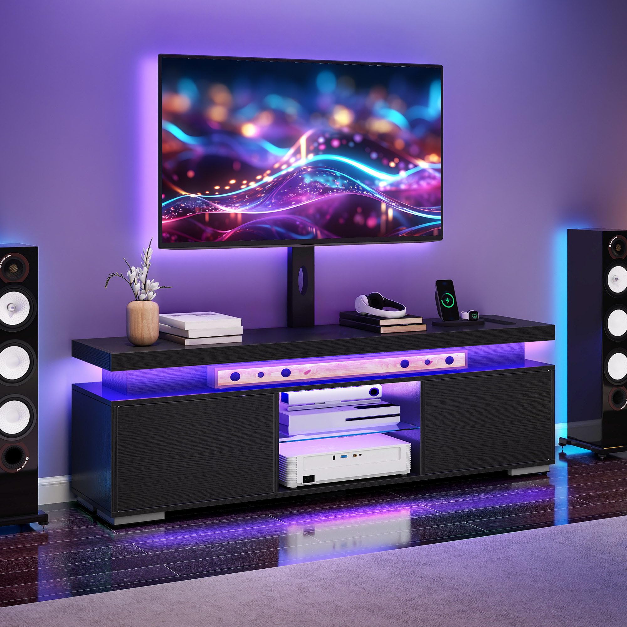 DWVO TV Stands for Living Room, Modern TV Stand for 70/65 inch TV with Mount & Power Outlet, LED Black Entertainment Center with