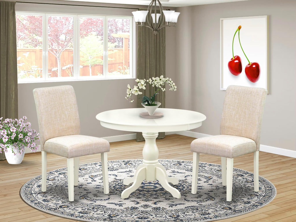 East West Furniture HBAB3-LWH-02 3 Piece Dining Set Contains a Round Dining Room Table with Pedestal and 2 Light Beige Linen Fabric Upholstered Parson Chairs, 42x42 Inch, Linen White
