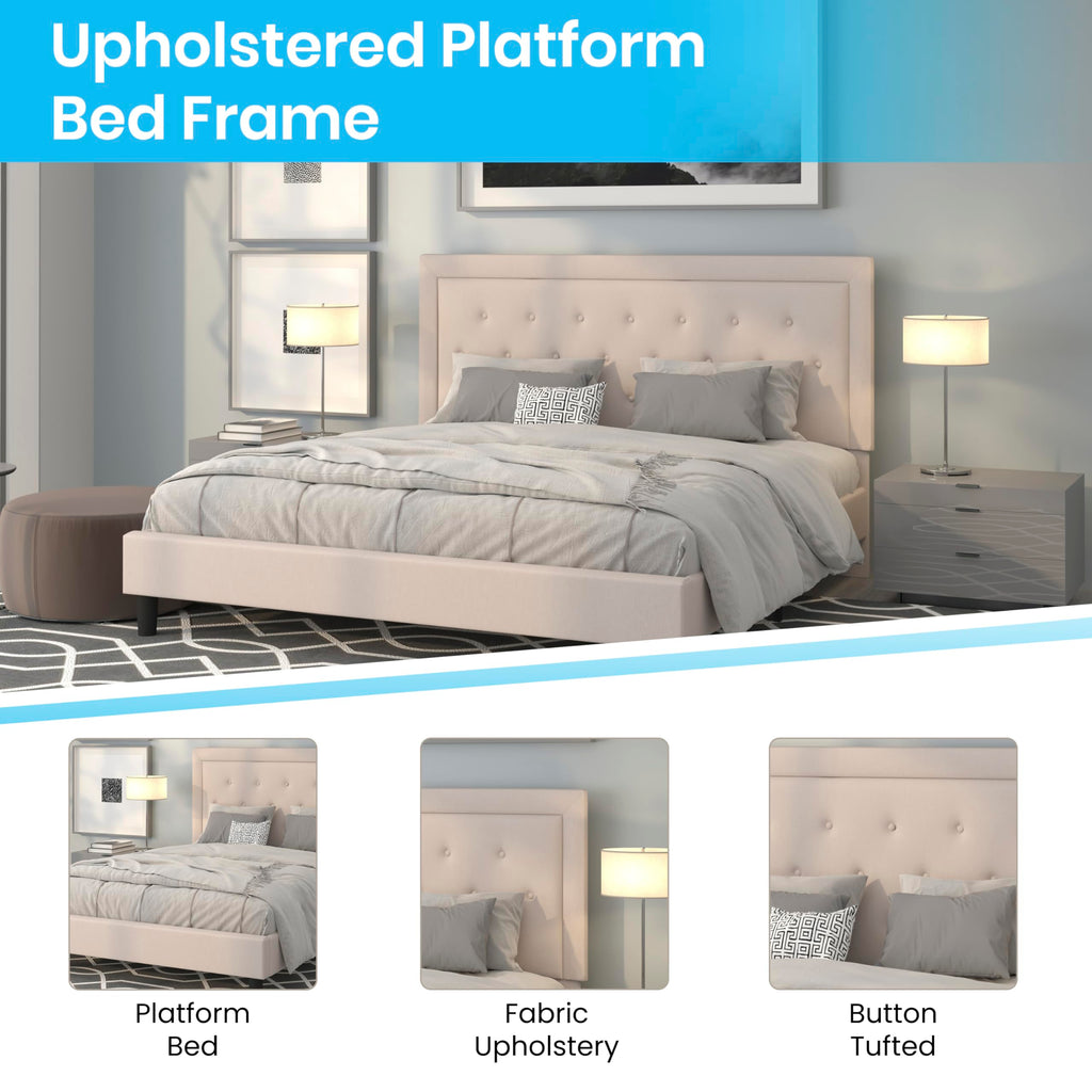 Flash Furniture Roxbury King Size Tufted Upholstered Platform Bed In Beige Fabric With 10 Inch Certipur-Us Certified Pocket Spring Mattress