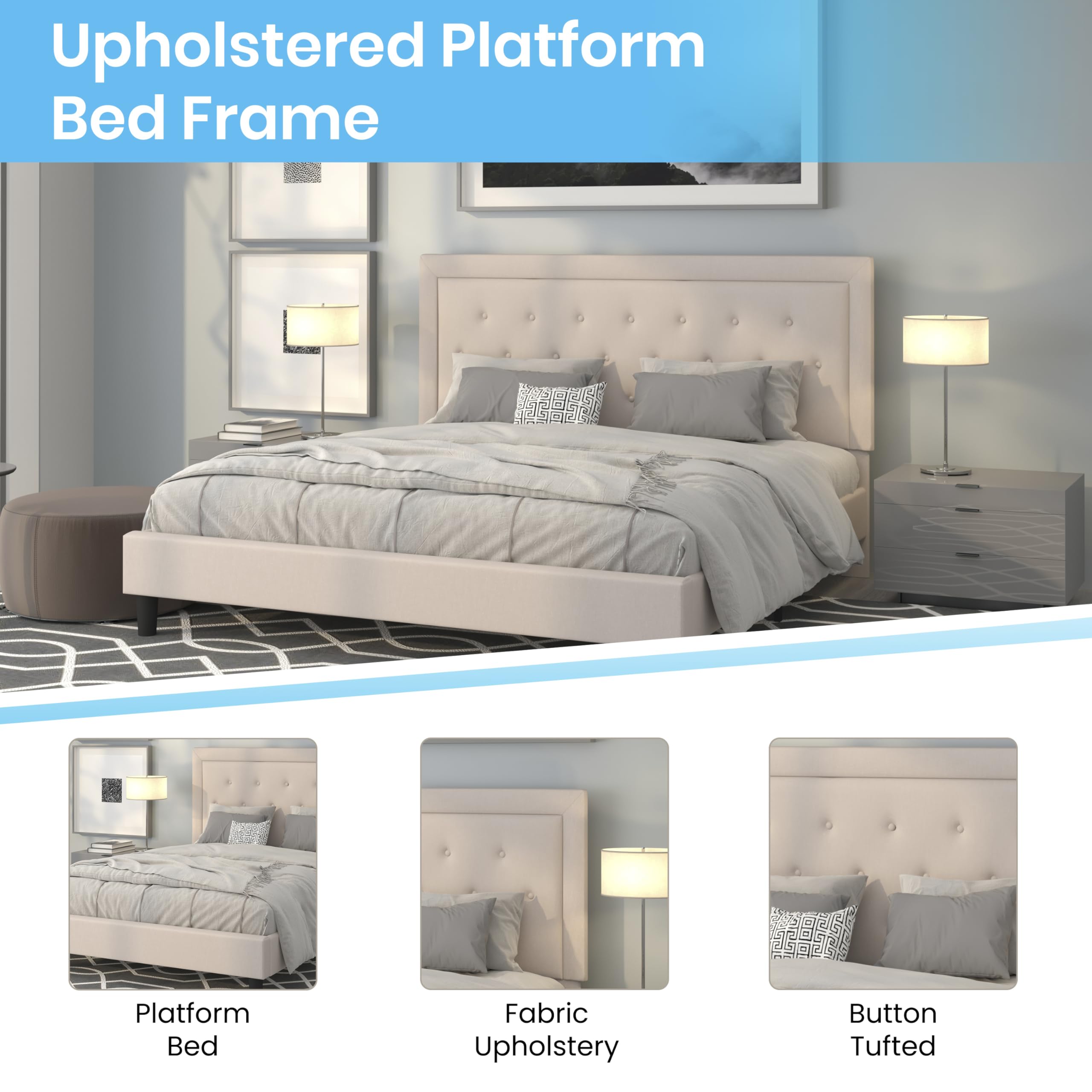 Flash Furniture Roxbury King Size Tufted Upholstered Platform Bed In Beige Fabric With 10 Inch Certipur-Us Certified Pocket Spring Mattress