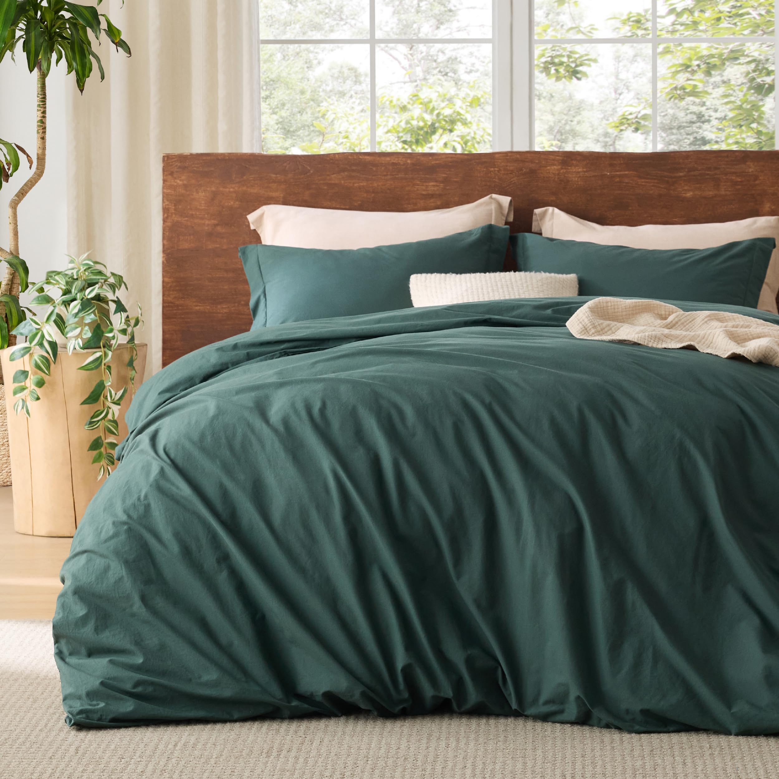 Bedsure 100% Washed Cotton Duvet Cover King Size - Forest Green Minimalist Cotton Duvet Cover Linen Like - Gentlesoft™ Plain Simple Bedding Set With 2 Pillow Shams (Forest Green, King, 104'X90')