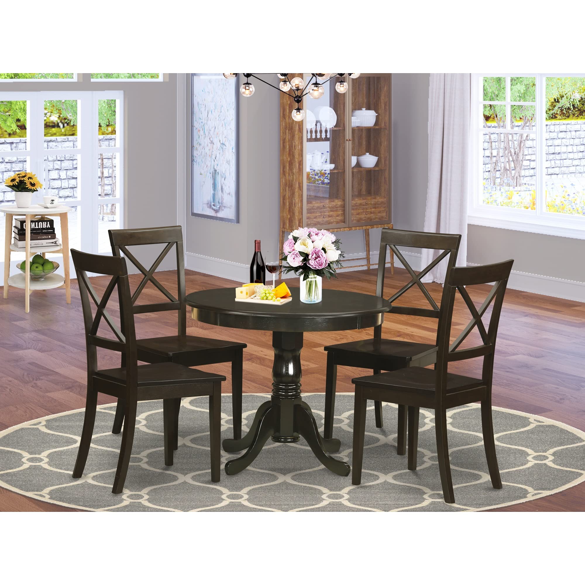 East West Furniture Antique 5 Piece Kitchen Set for 4 Includes a Round Dining Room Table with Pedestal and 4 Solid Wood Seat Chairs, 36x36 Inch, Cappuccino