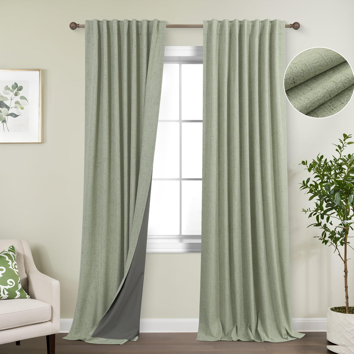 Koufall Light Sage Back Tab Linen Blackout Curtains 52X90 Inches Long