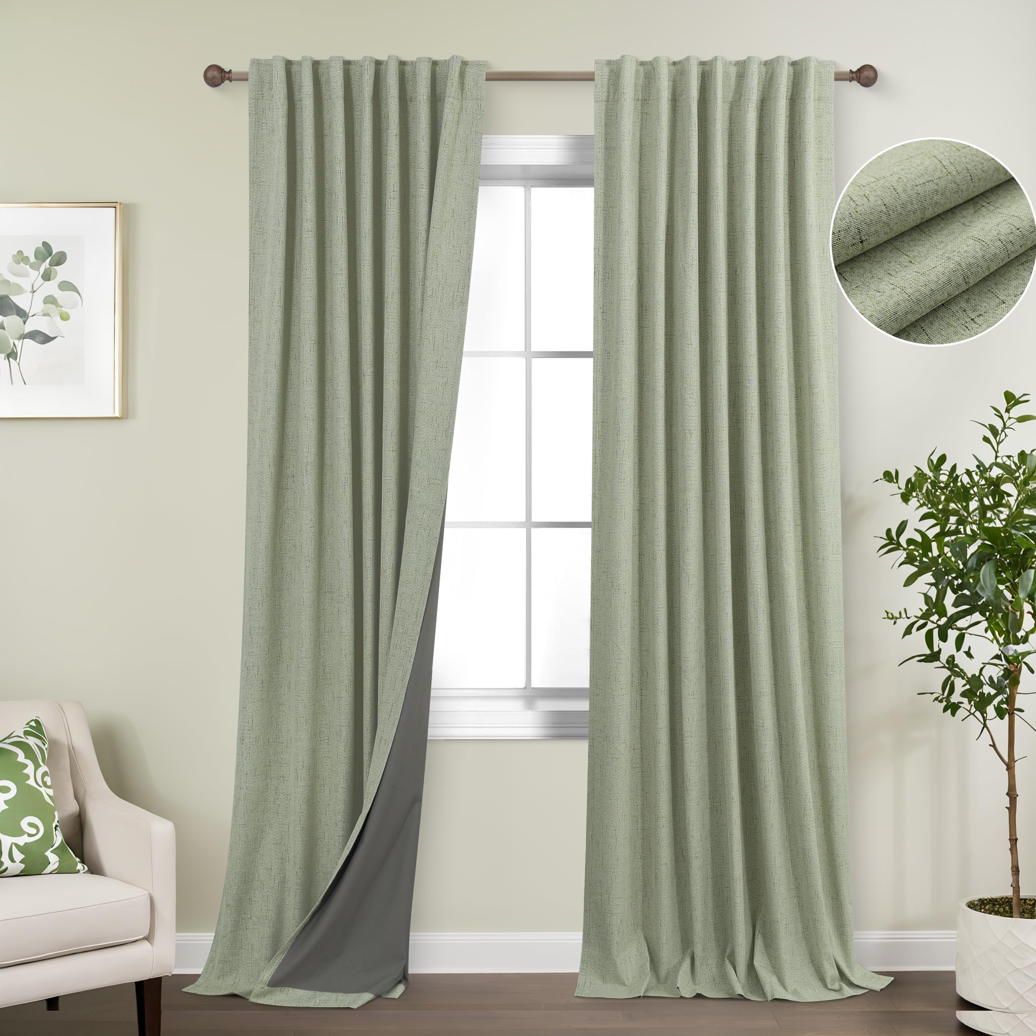 Koufall Light Sage Back Tab Linen Blackout Curtains 92 Inches Long