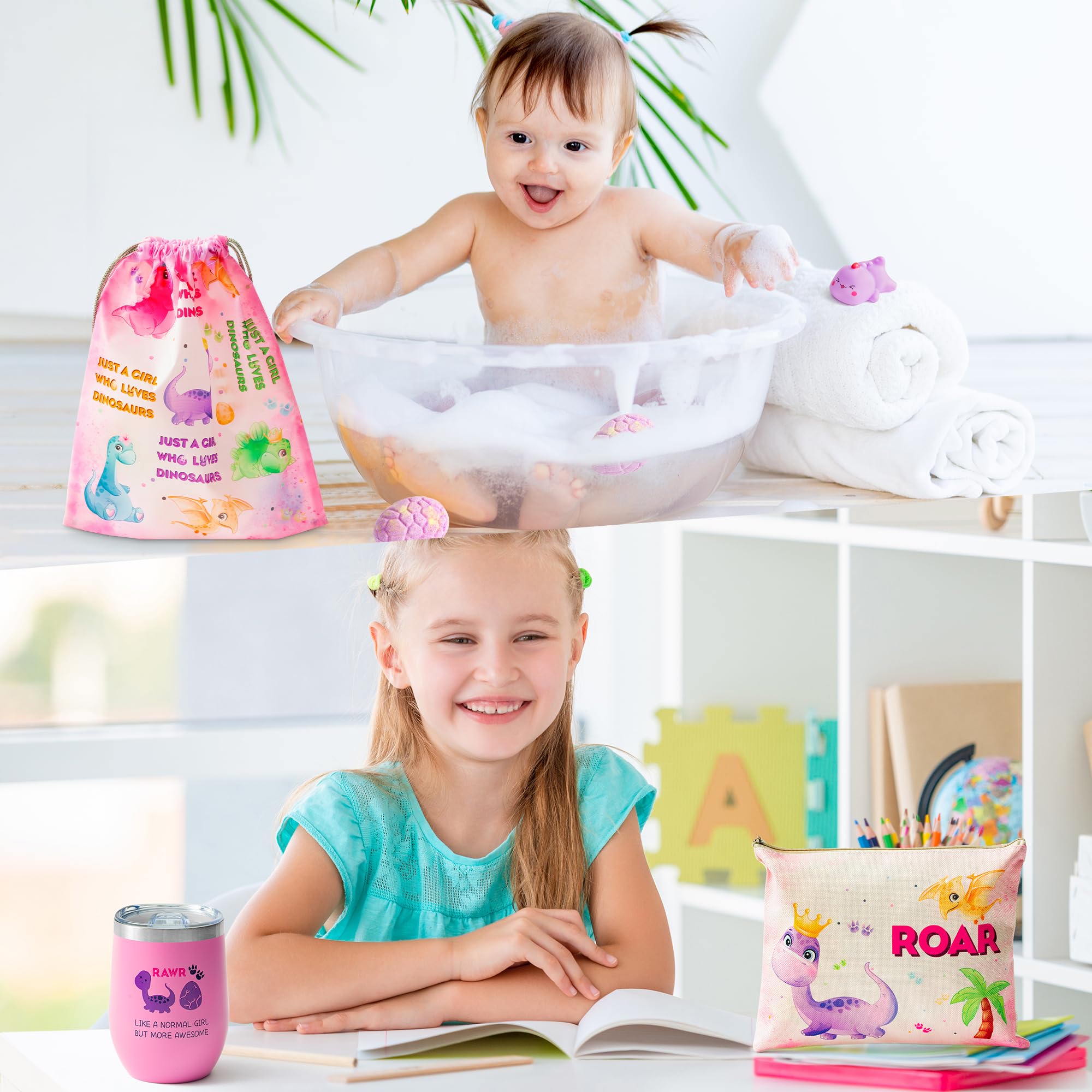 Beyumi Pink Dinosaur Gift For Girls Age 6-8 Birthday Gift Box For 3 4 5 6 7 8 9 10 11 12 Years Old Toddler Girls Basket With Bla