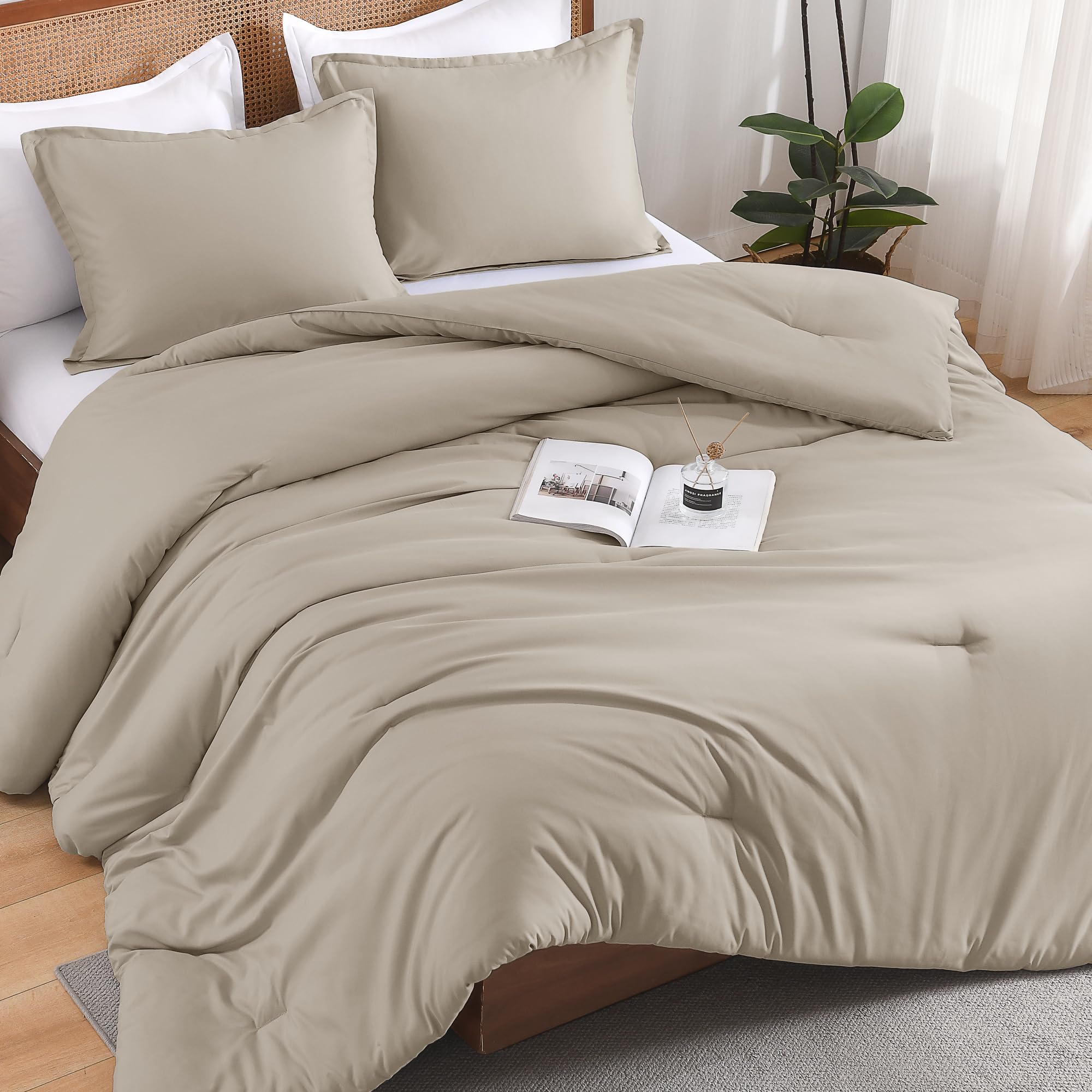 Andency Oatmeal King Size Comforter Set, Wheat Boho Lightweight Solid Bedding Set 3 Pieces, Fluffy Soft All Season Bed Set(104X90In Comforter & 2 Pillowcases)