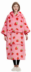 Kfubuo Wearable Blanket Hoodie For Adult Long Sherpa Strawberry Patterns Oversized Sweatshirt Blanket With Pockets Birthday Gift