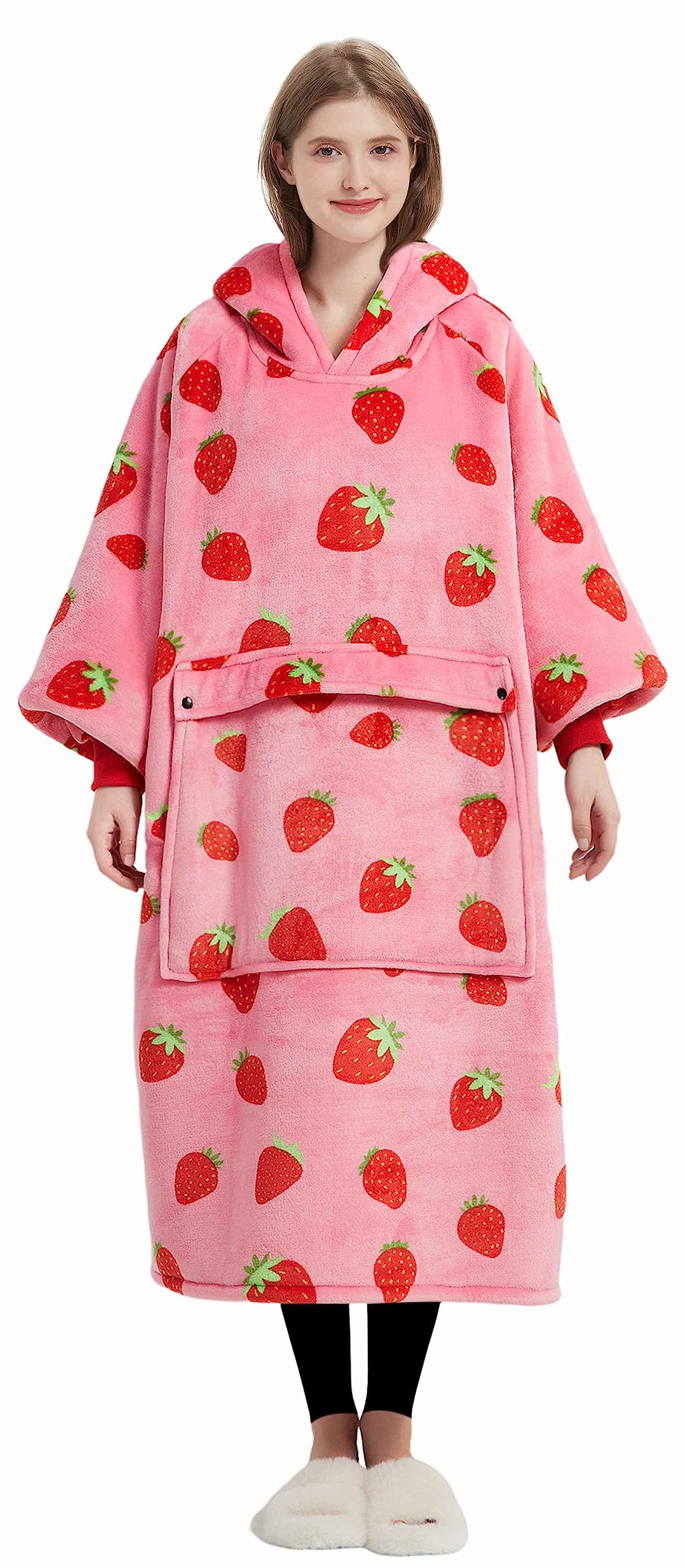 Kfubuo Wearable Blanket Hoodie For Adult Long Sherpa Strawberry Patterns Oversized Sweatshirt Blanket With Pockets Birthday Gift