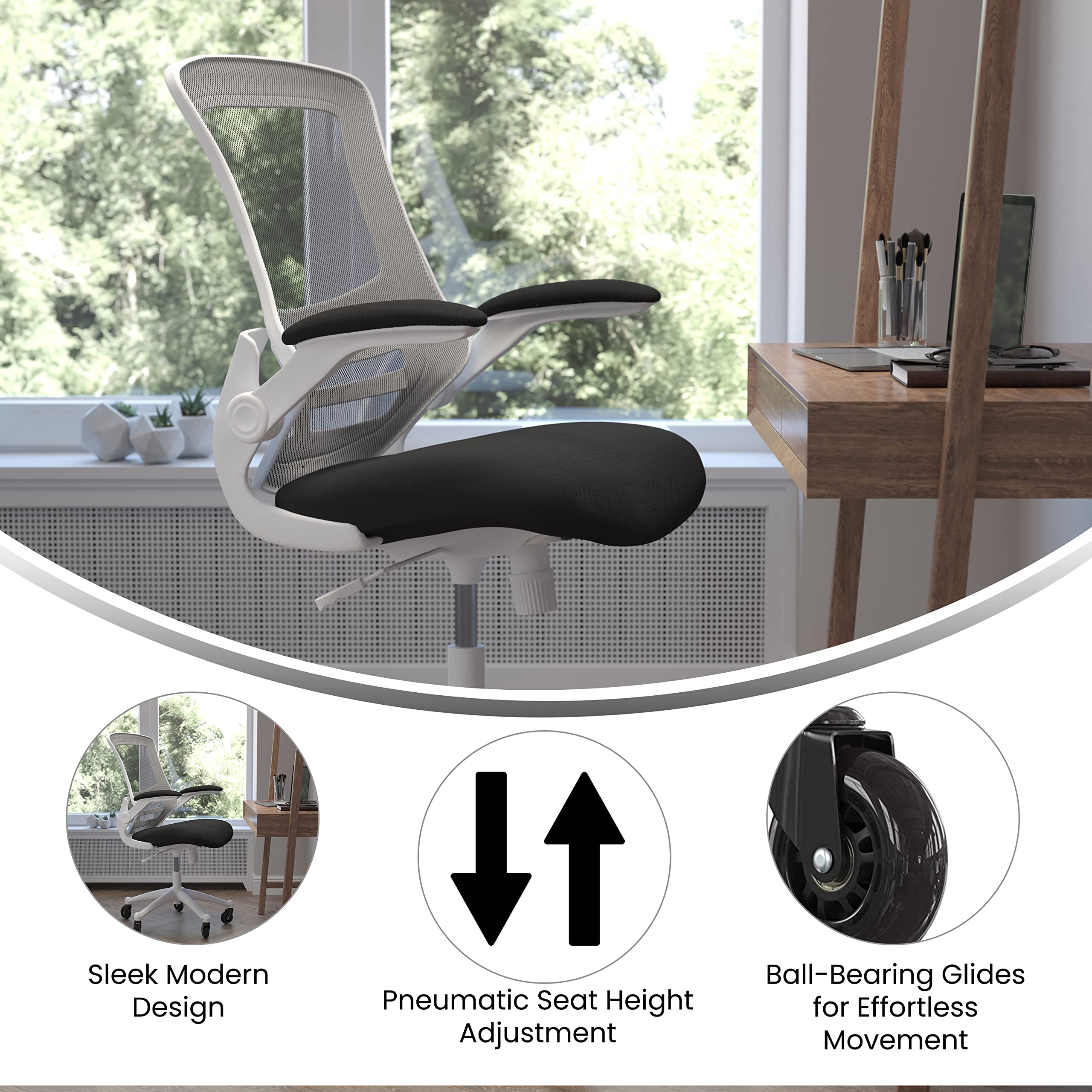 Flash Furniture Kelista Mid-Back Black Mesh Swivel Ergonomic Task Office Chair With White Frame, Flip-Up Arms, And Transparent Roller Wheels