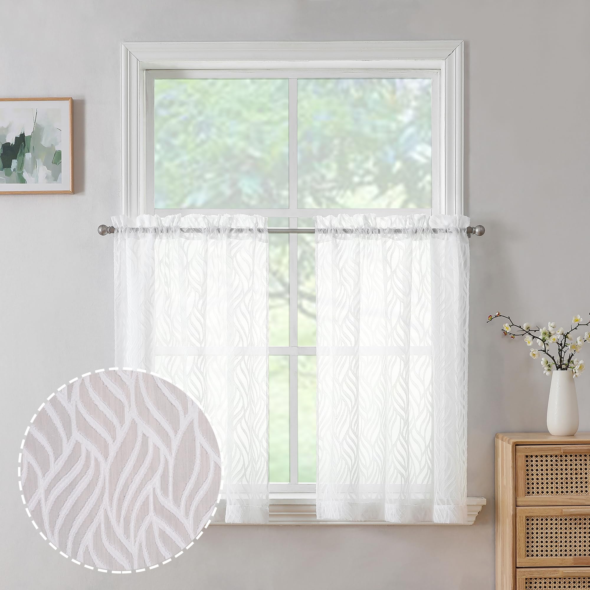 Chyhomenyc Marilyn Sheer White Curtains 24 Inch Length, Light Filtering Soft Airy 3D Leaf Clip Jacquard Textured Short Sheer Cur