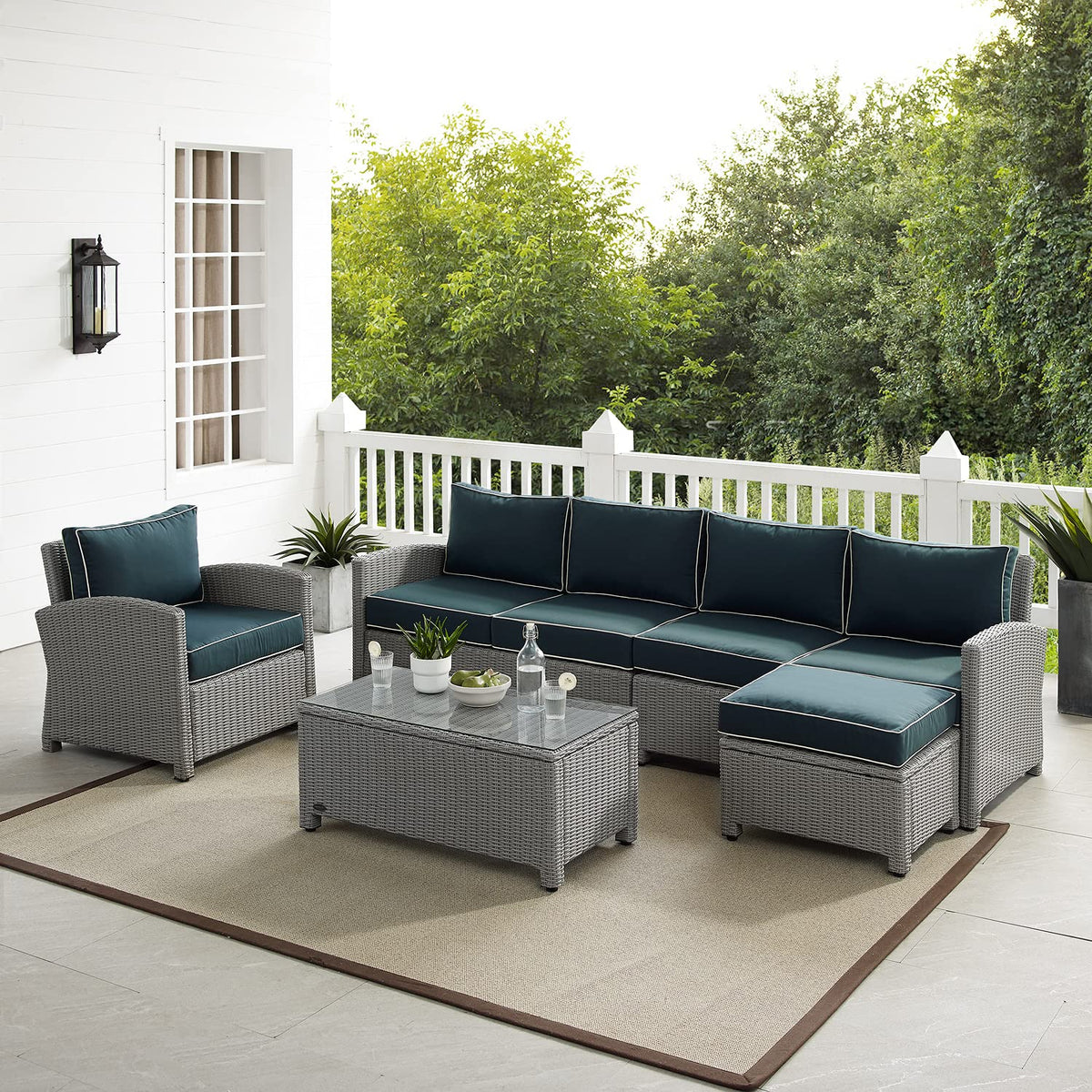 Crosley Bradenton 5Pc Outdoor Wicker Sectional Set Navy/Gray - Left Loveseat, Right Loveseat, Armchair, Coffee Table, & Ottoman