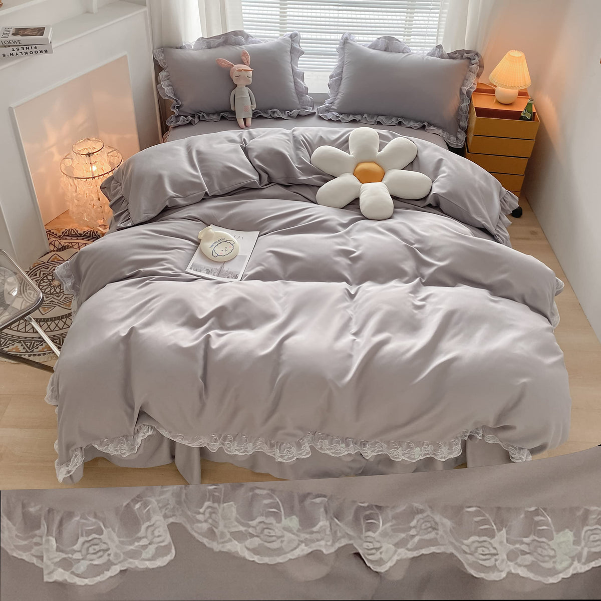 Moowoo Chic Ruffle Lace Polyester Duvet Cover Set - Luxury Premium Black Bedding-2 Piece Twin Duvet Cover With Zipper Closure -U
