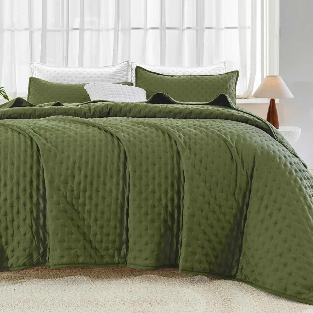 Andency Green Queen Size Quilt Bedding Set (90X96 Inch), 3 Pieces Soft Lightweight Bedspread Coverlet, Boho Summer Quilt Queen S