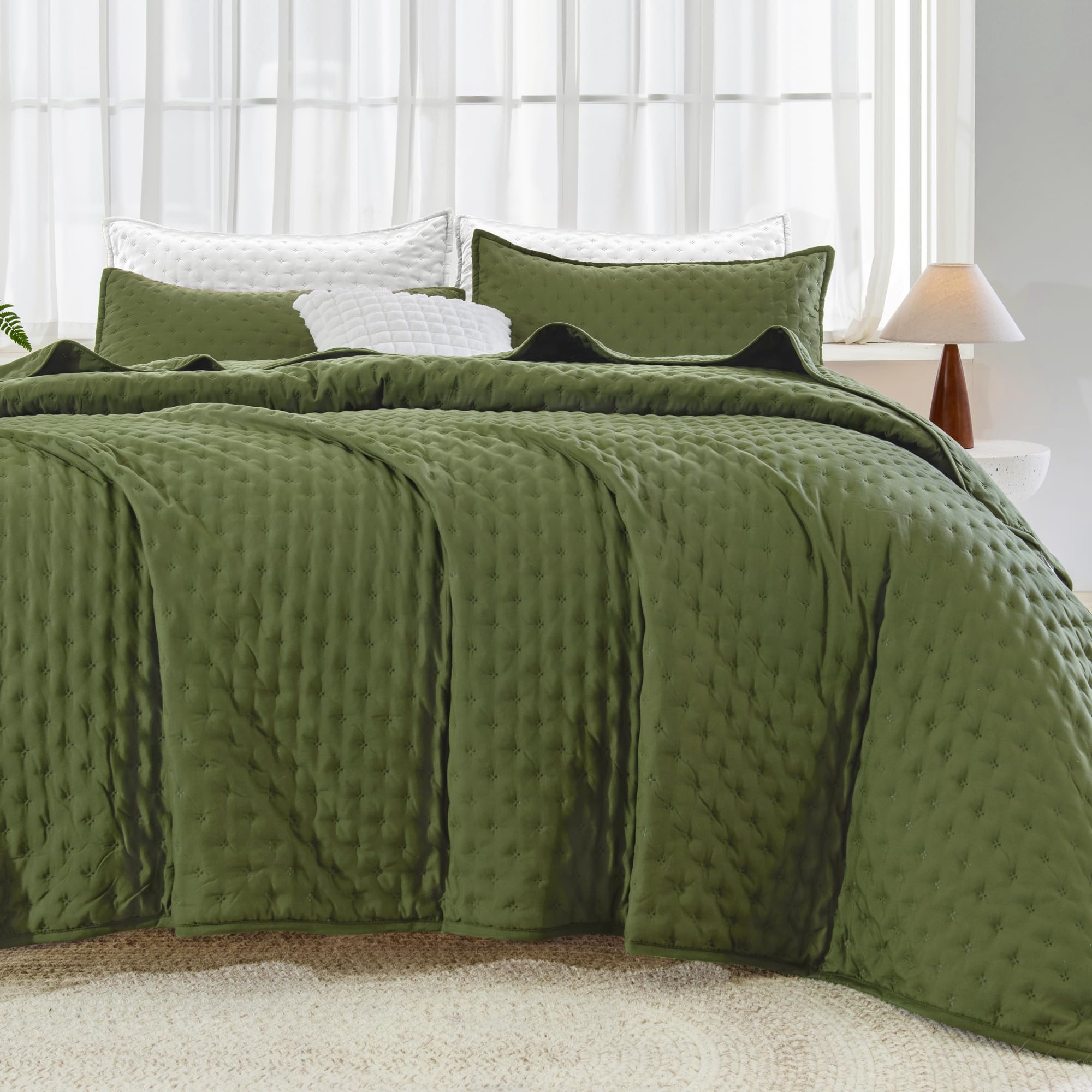 Andency Green Queen Size Quilt Bedding Set (90X96 Inch), 3 Pieces Soft Lightweight Bedspread Coverlet, Boho Summer Quilt Queen S