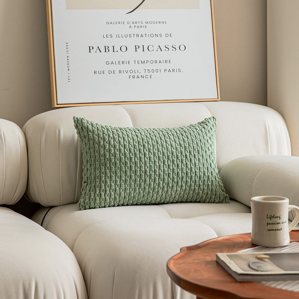 Kevin Textile 2 Packs Lumbar Decorative Throw Pillow Covers 12X20 Inch For Living Room Couch Bed Sofa, Soft Striped Corduroy Rectangle Cushion Case 30X50 Cm, Farmhouse Boho Home Decor, Sage Green