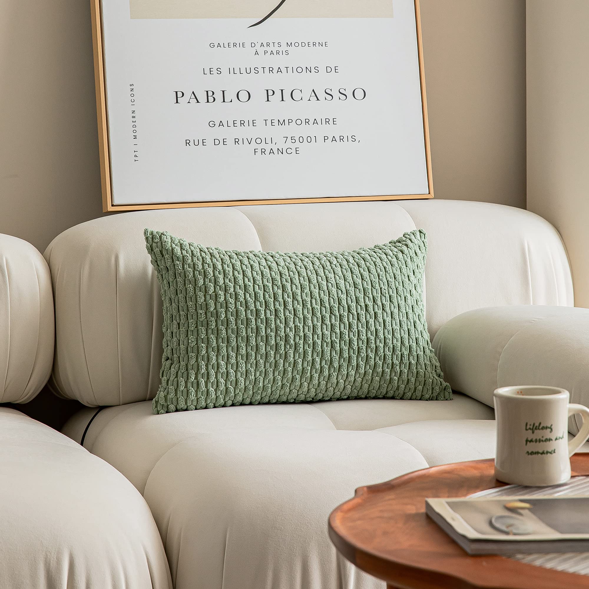 Kevin Textile 2 Packs Lumbar Decorative Throw Pillow Covers 12X20 Inch For Living Room Couch Bed Sofa, Soft Striped Corduroy Rectangle Cushion Case 30X50 Cm, Farmhouse Boho Home Decor, Sage Green