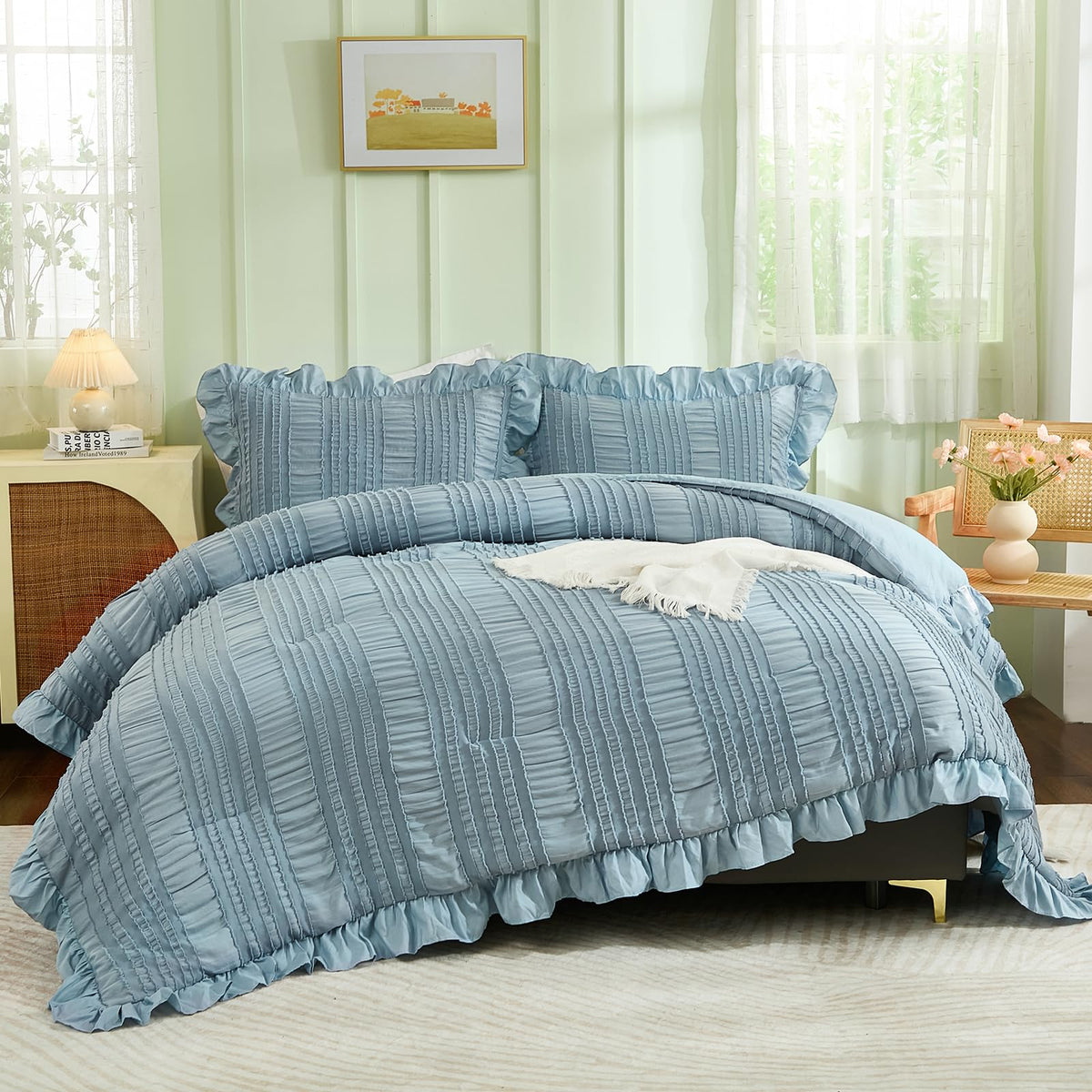 Wongs Bedding Blue Comforter Set Queen,3 Pieces Ruffle Farmhouse Shabby Chic Boho Comforter For Queen Bed,Soft Seersucker Textur