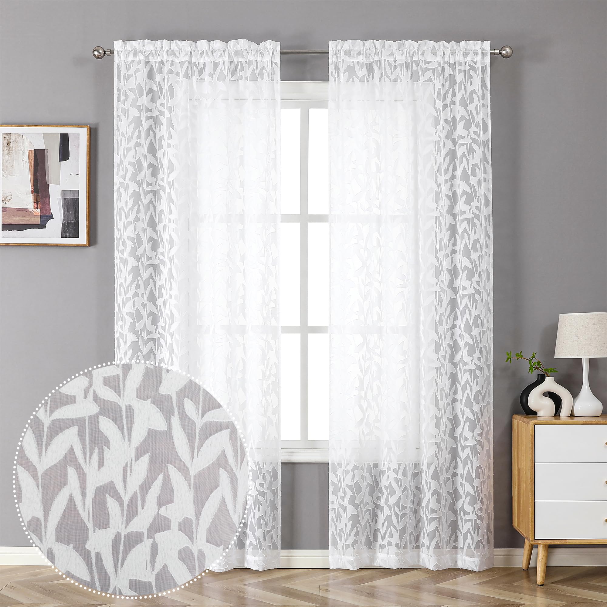 Lecloud Leia Texture Semi Sheer White Curtains 84 Inches Long 2 Panels, Jacquard Clip Double Rod Pockets Window Living Room Curt