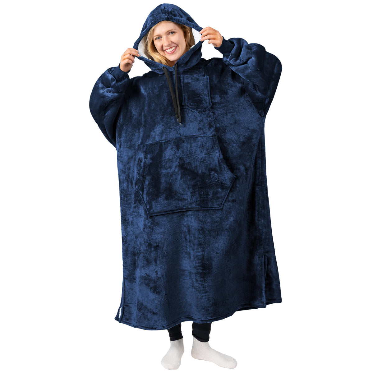Pavilia Blanket Hoodie For Women Navy, Sherpa Wearable Blanket Men, Cozy Oversized Sweatshirt Blanket, Warm Fleece Hooded Blanke
