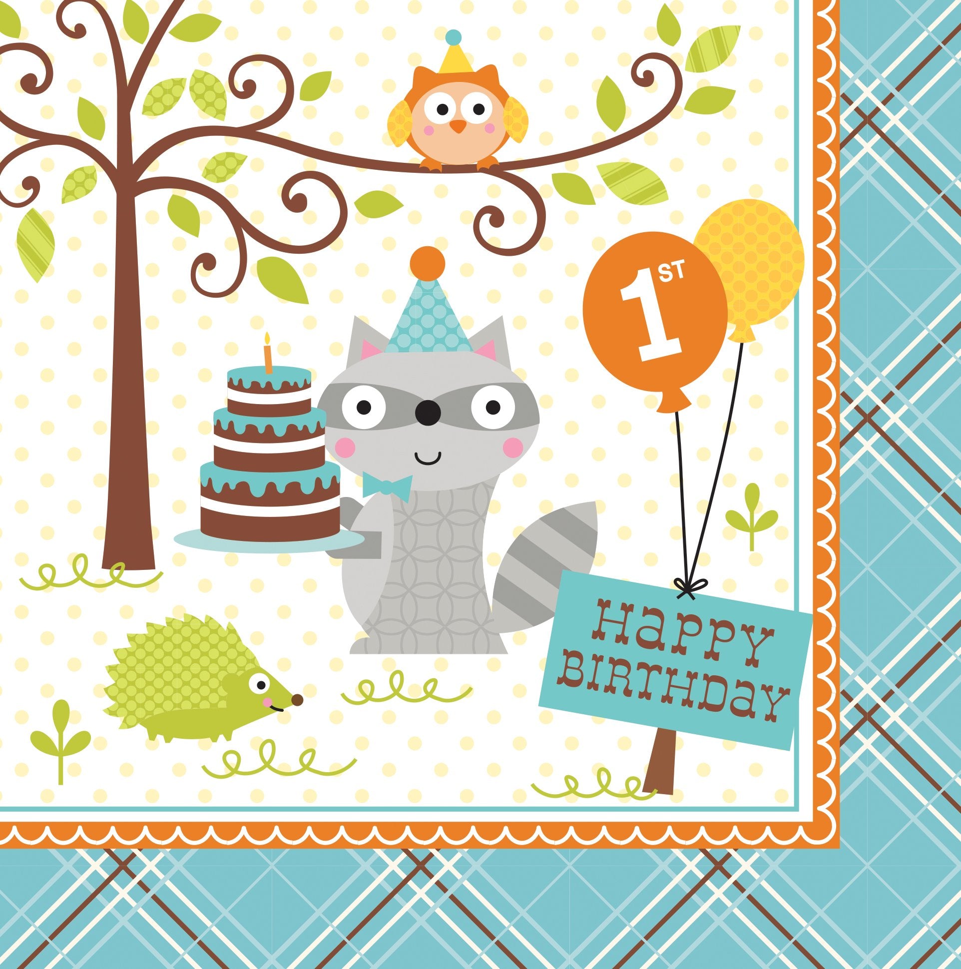Creative Converting 1st Birthday Lunch Paper Napkins, 16 Ct, Happi Woodland Boy
