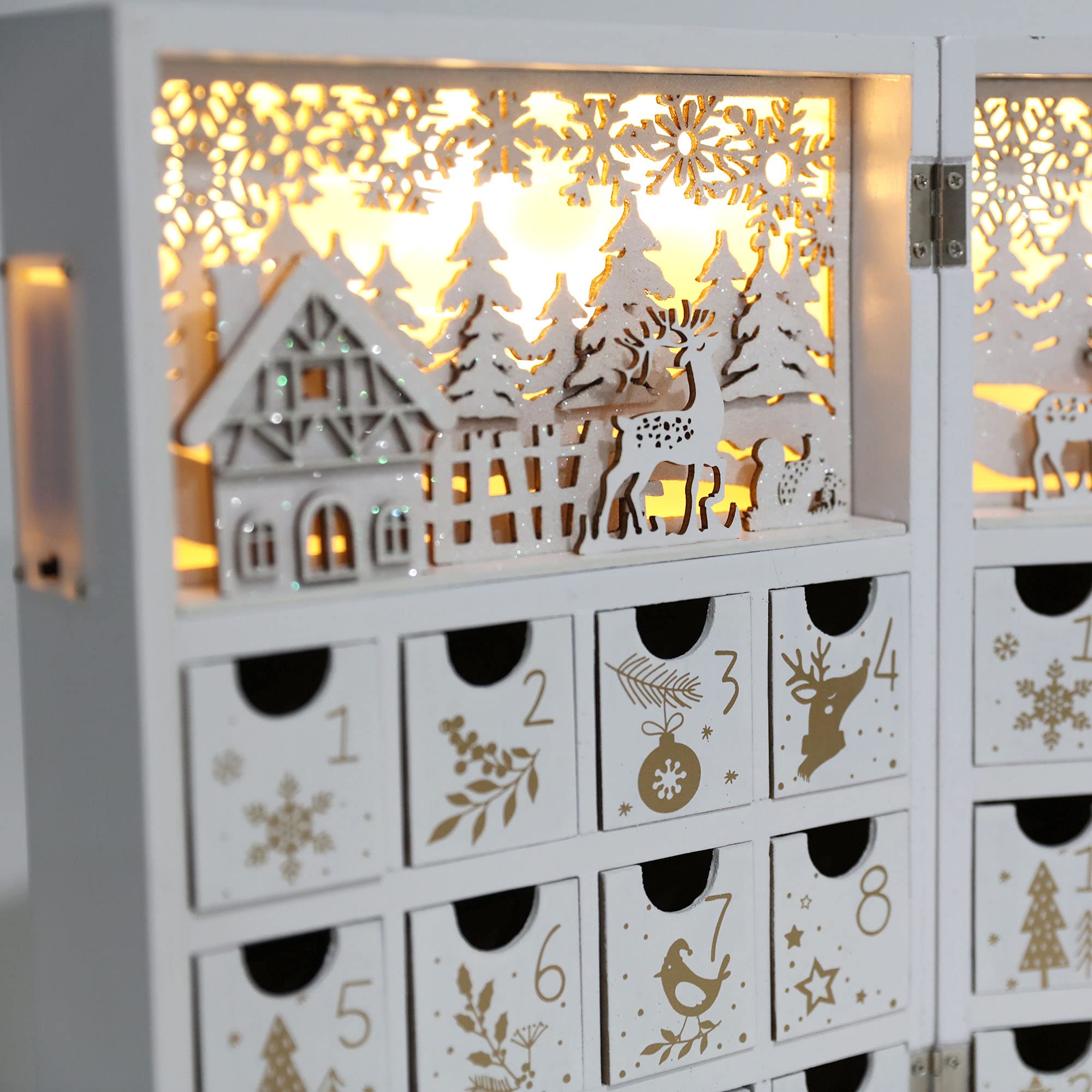 Pioneer-Effort Christmas Wooden Advent Calendar Book With Leds White & Gold Christmas Reindeer Countdown Holiday Gifts With 24 D