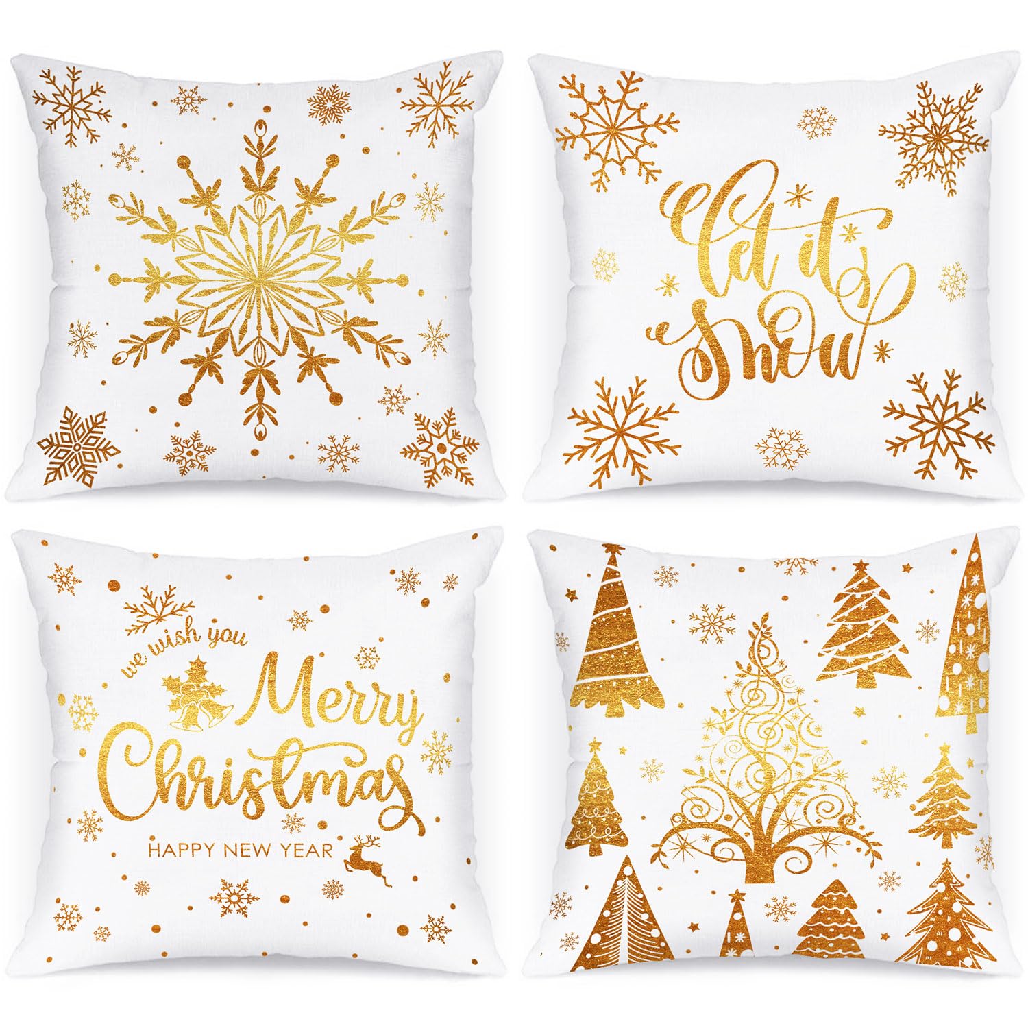 Lanpn White And Gold Bronzing Christmas Throw Pillow Covers 18X18 Set Of 4, 18 Inch Decorative Xmas Cushion Covers Pillow Cases