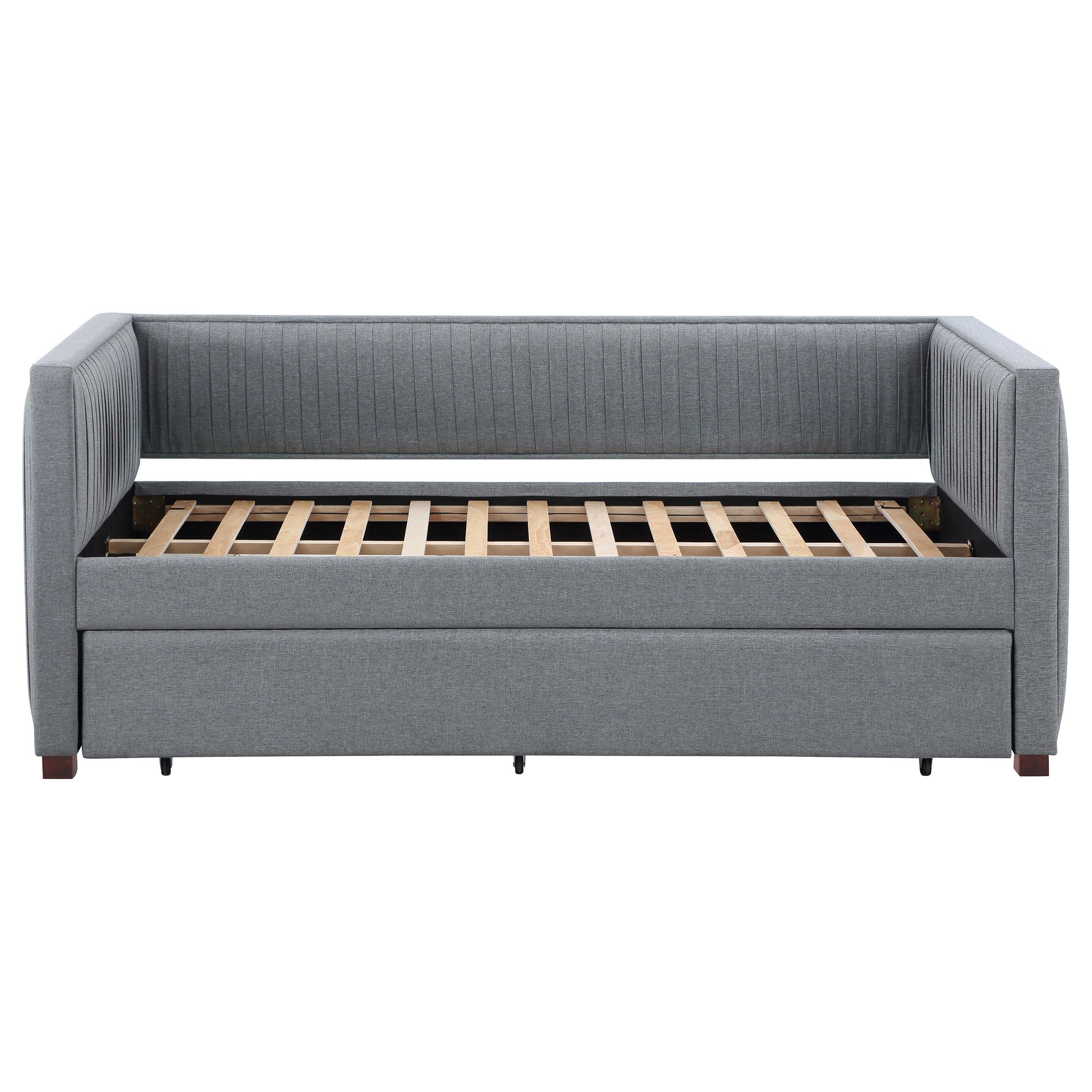 Coaster Home Furnishings Brodie Modern Classic Fabric Upholstered Twin Size Pleated Daybed with Trundle Bed for Guestroom 35-inch Headboard Bedroom Lounger Grey 300554