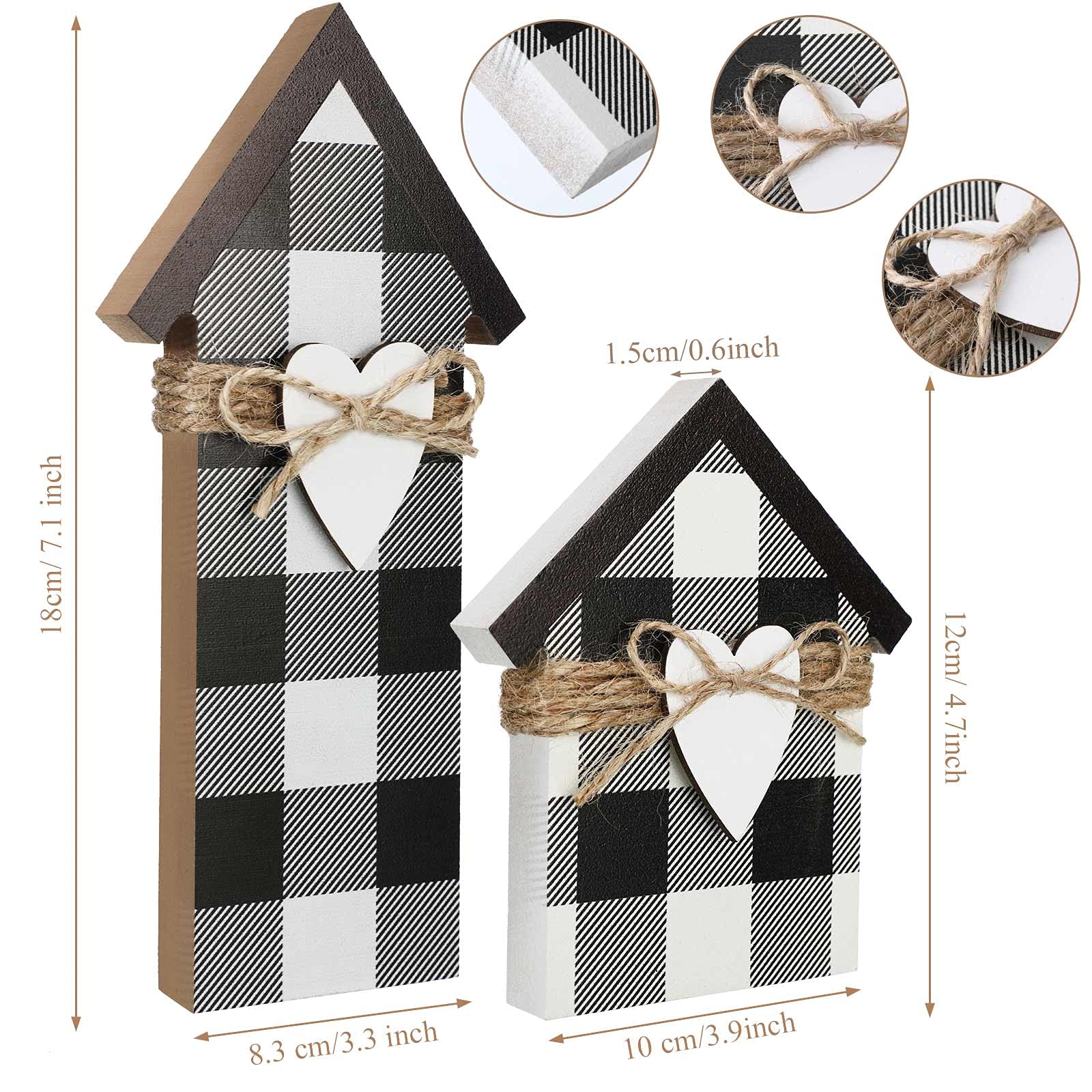 2 Pieces Buffalo Plaid Decor Wooden House Shaped Block Sign, Farmhouse Buffalo Plaid Home Sign Tiered Tray Decor For Christmas L