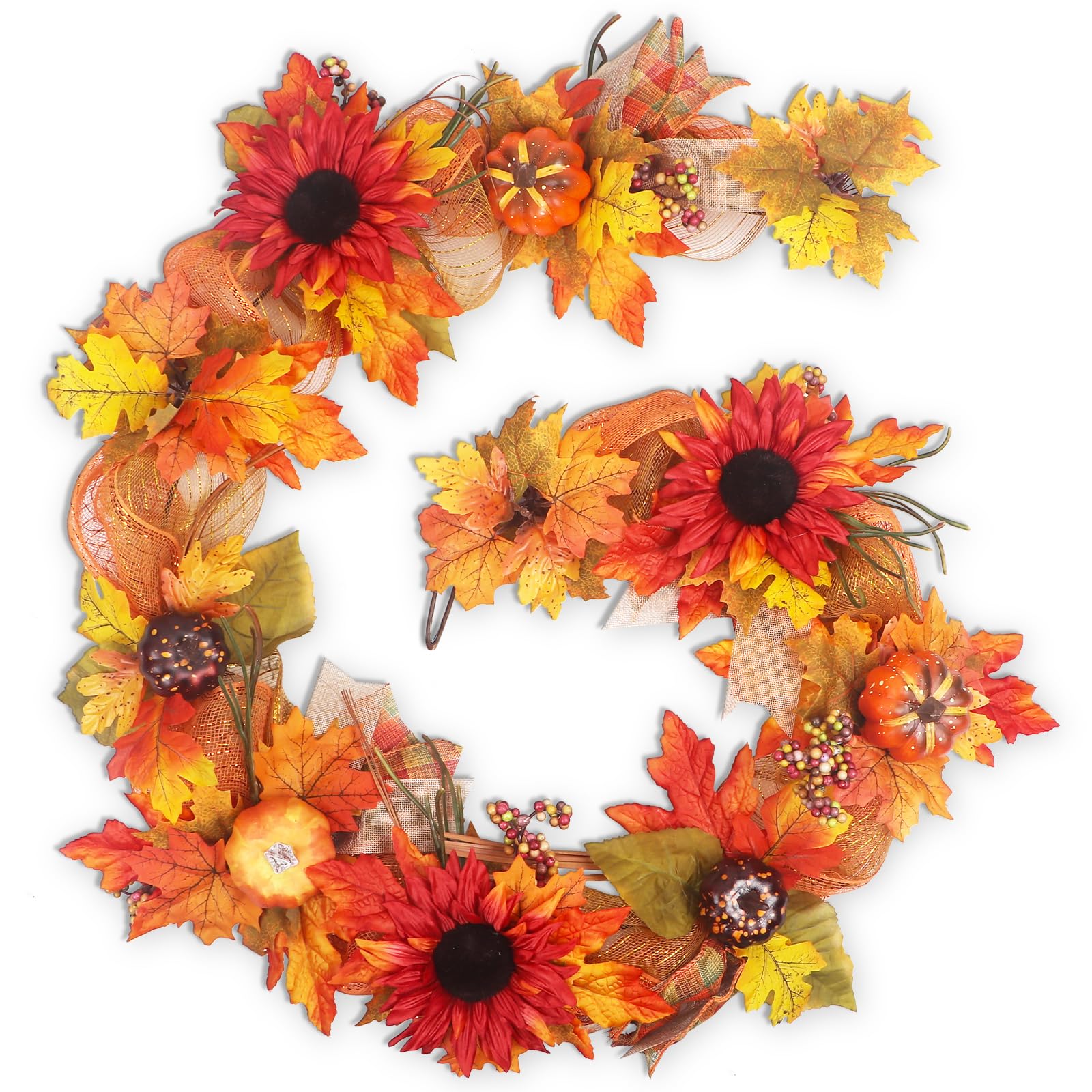 Fall Garland for Mantle,6FT Fall Leaves Pumpkin Garland with Berries/Ribbon for Christmas Autumn Decoration,Great Farmhouse Fall