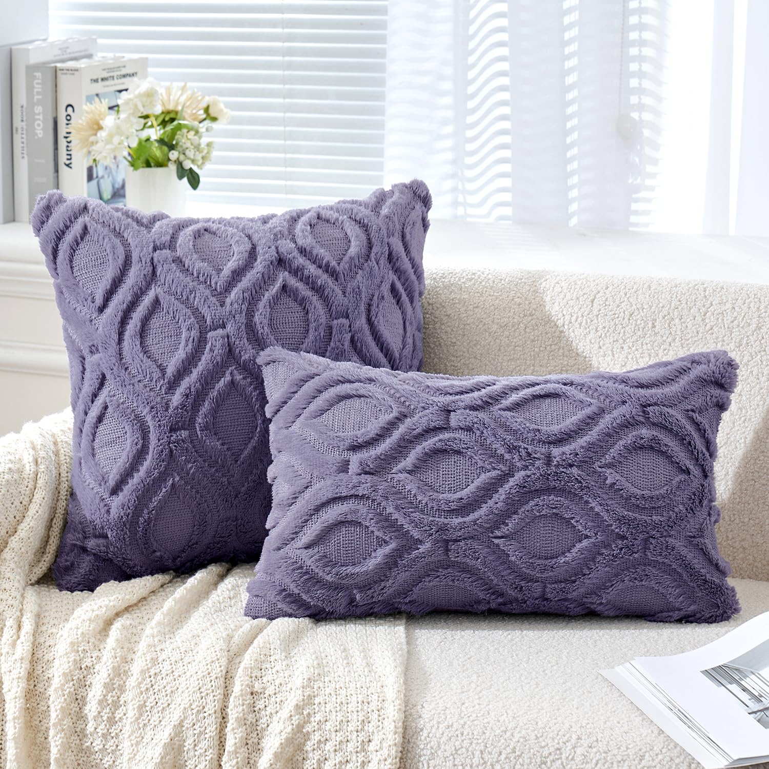 Miulee Blue Purple Throw Pillow Covers 18X18 Inch, Soft Winter Plush Faux Wool Couch Pillow Covers Set Of 2 Decorative Farmhouse Boho Throw Pillows For Sofa Living Room Bed