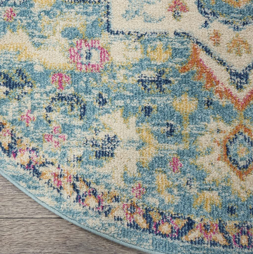 HomeRoots Ivory/Light Blue 100% Polypropylene 8’ Round Light Blue and Ivory Distressed Area Rug