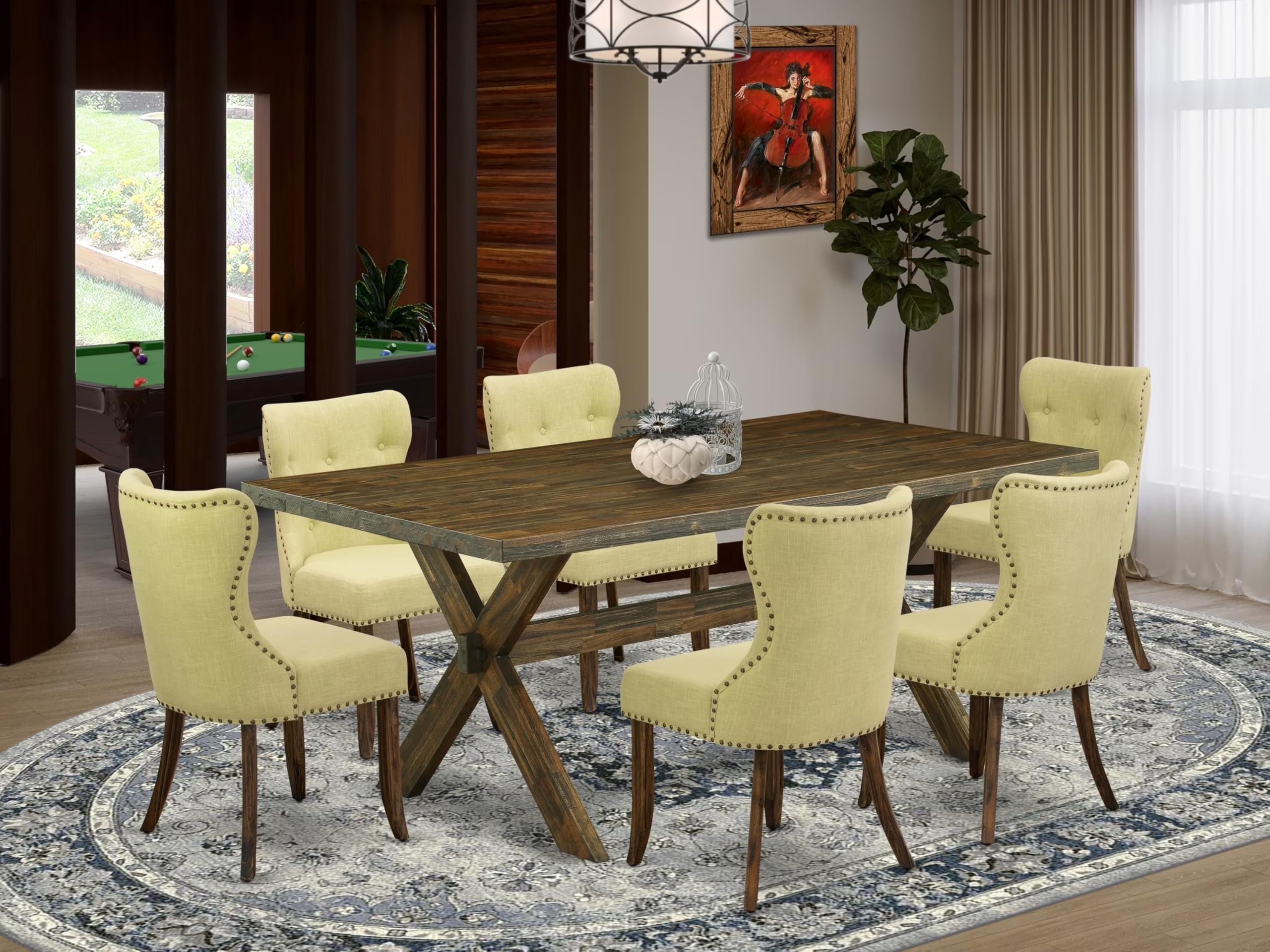 East West Furniture X777Si737-7 7 Piece Modern Dining Table Set Consist Of A Rectangle Wooden Table With X-Legs And 6 Limelight Linen Fabric Upholstered Chairs, 40X72 Inch, Multi-Color