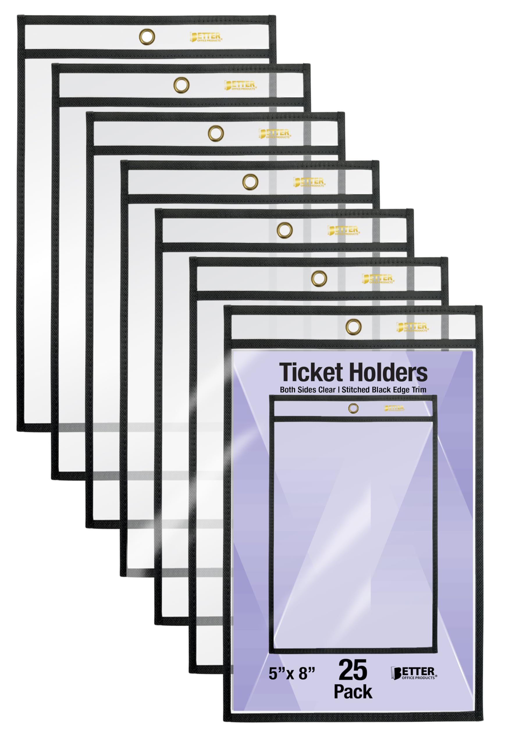 Better Office Products Ticket Holders, Clear Vinyl, 5x8 Inches, Stitched Black Edge, 25 Pack