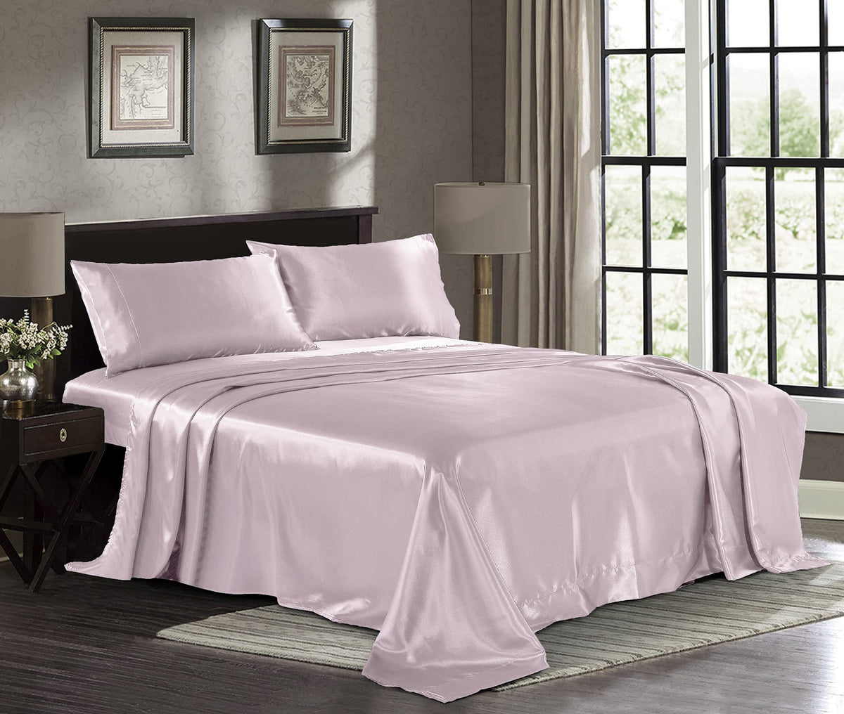 Satin Sheets Queen [4-Piece, Champagne Pink] Hotel Luxury Silky Bed Sheets - Extra Soft 1800 Microfiber Sheet Set, Wrinkle, Fade