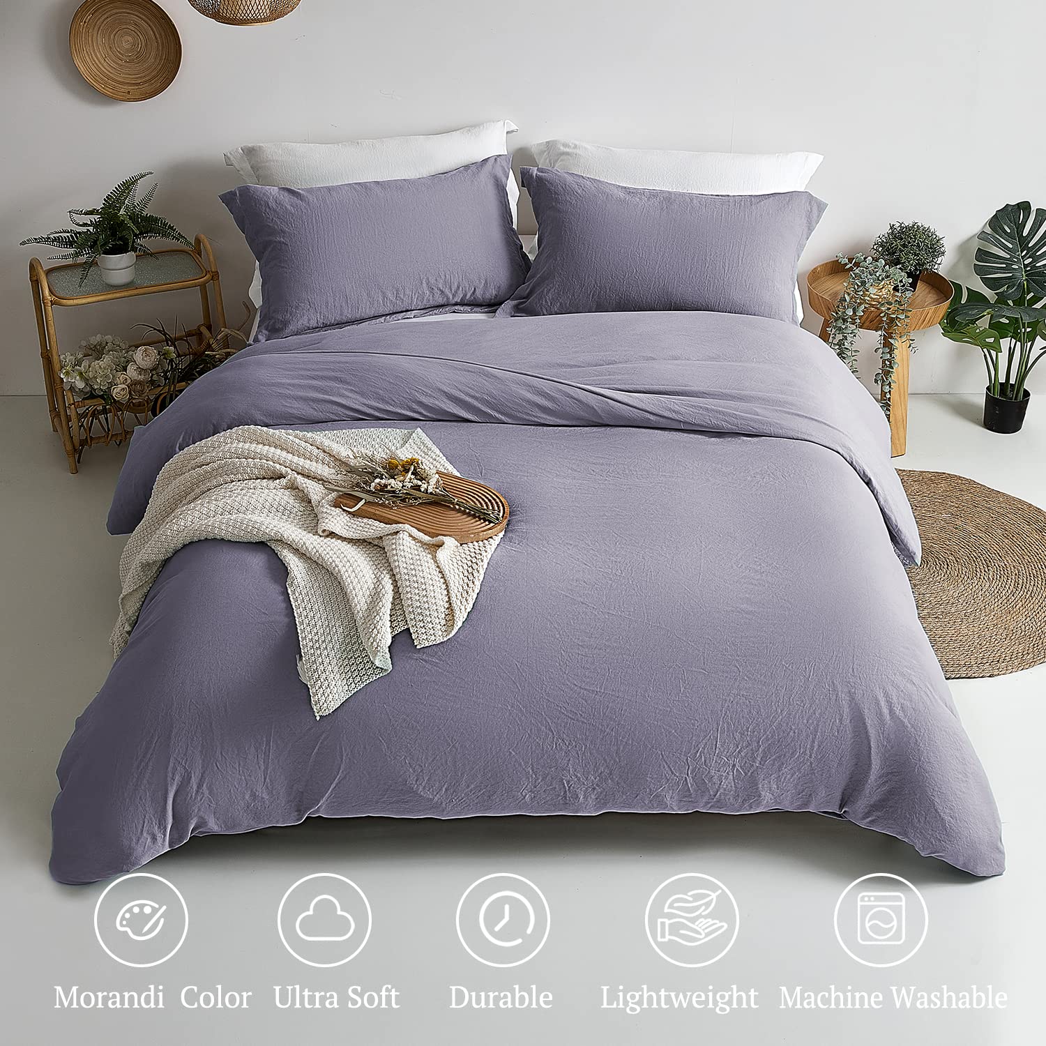 Mildly Super Soft Duvet Cover - 100% Washed Microfiber Grayish Lavender Comforter Cover Set 3 Pieces With Zipper Closure & Corne