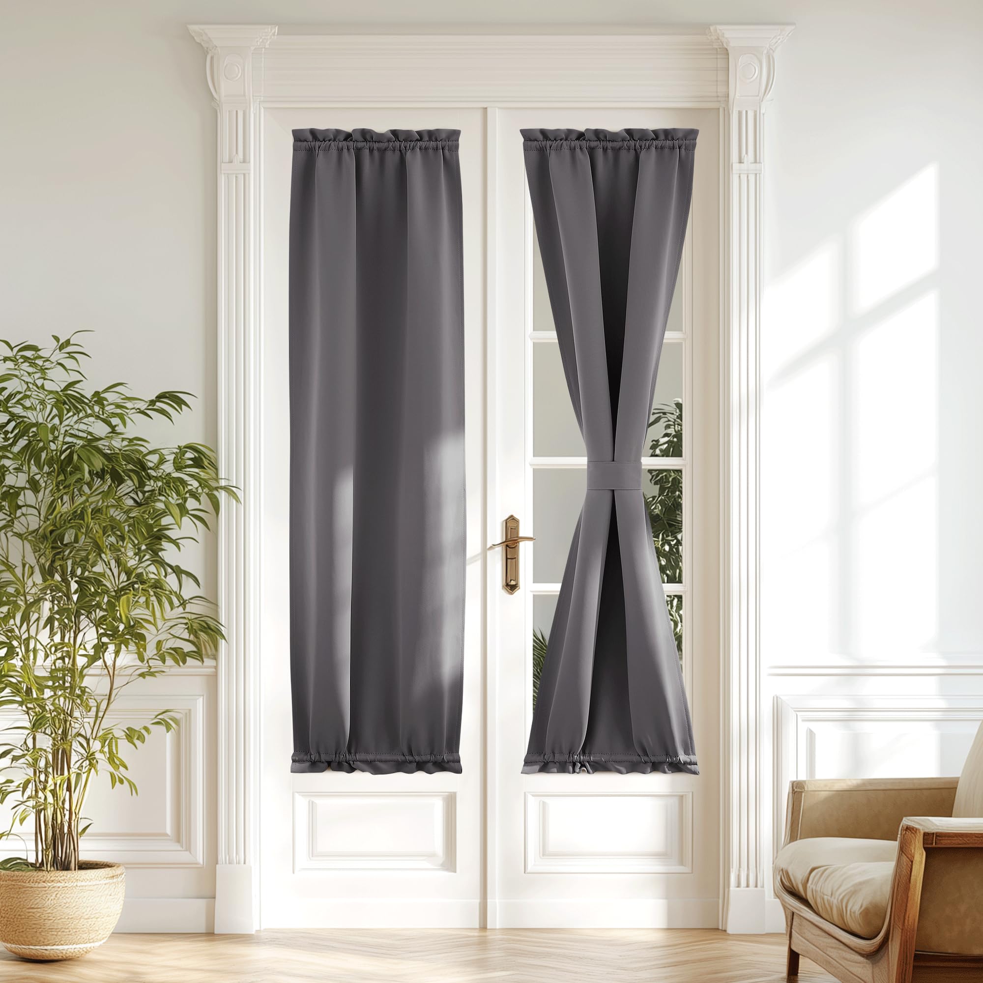 NICETOWN Grey Door Curtains for Window - 20 x 72 inches Long Blackout Thermal Insulated Sidelight Curtain for French Front Glass