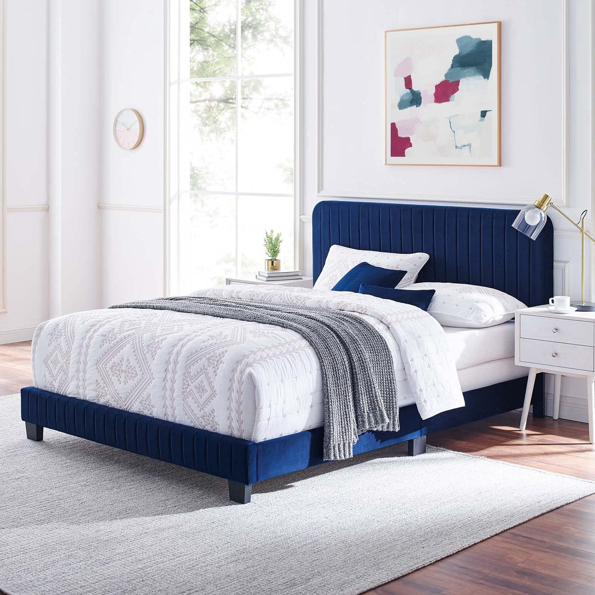 Modway Celine Channel Tufted Performance Velvet Bed, King, Navy