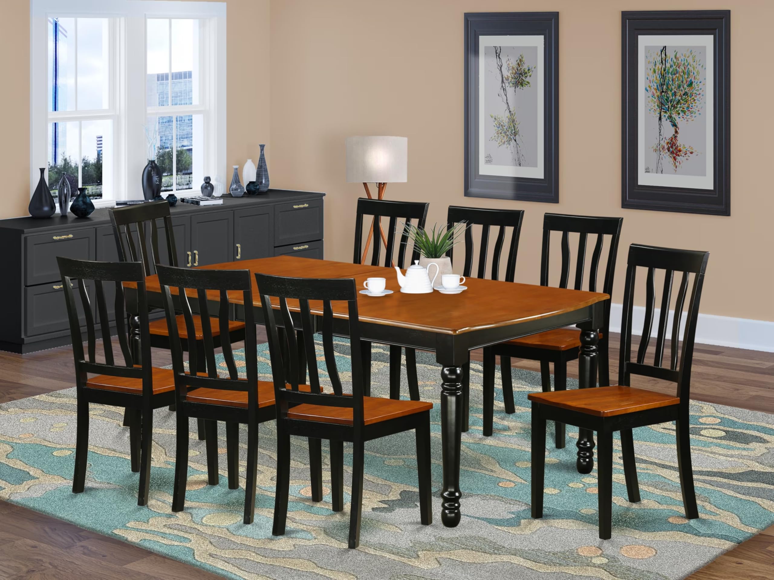 East West Furniture Doan9-Bch-W 9 Piece Kitchen Table & Chairs Set Includes A Rectangle Dining Room Table With Butterfly Leaf And 8 Dining Chairs, 42X78 Inch, Black & Cherry