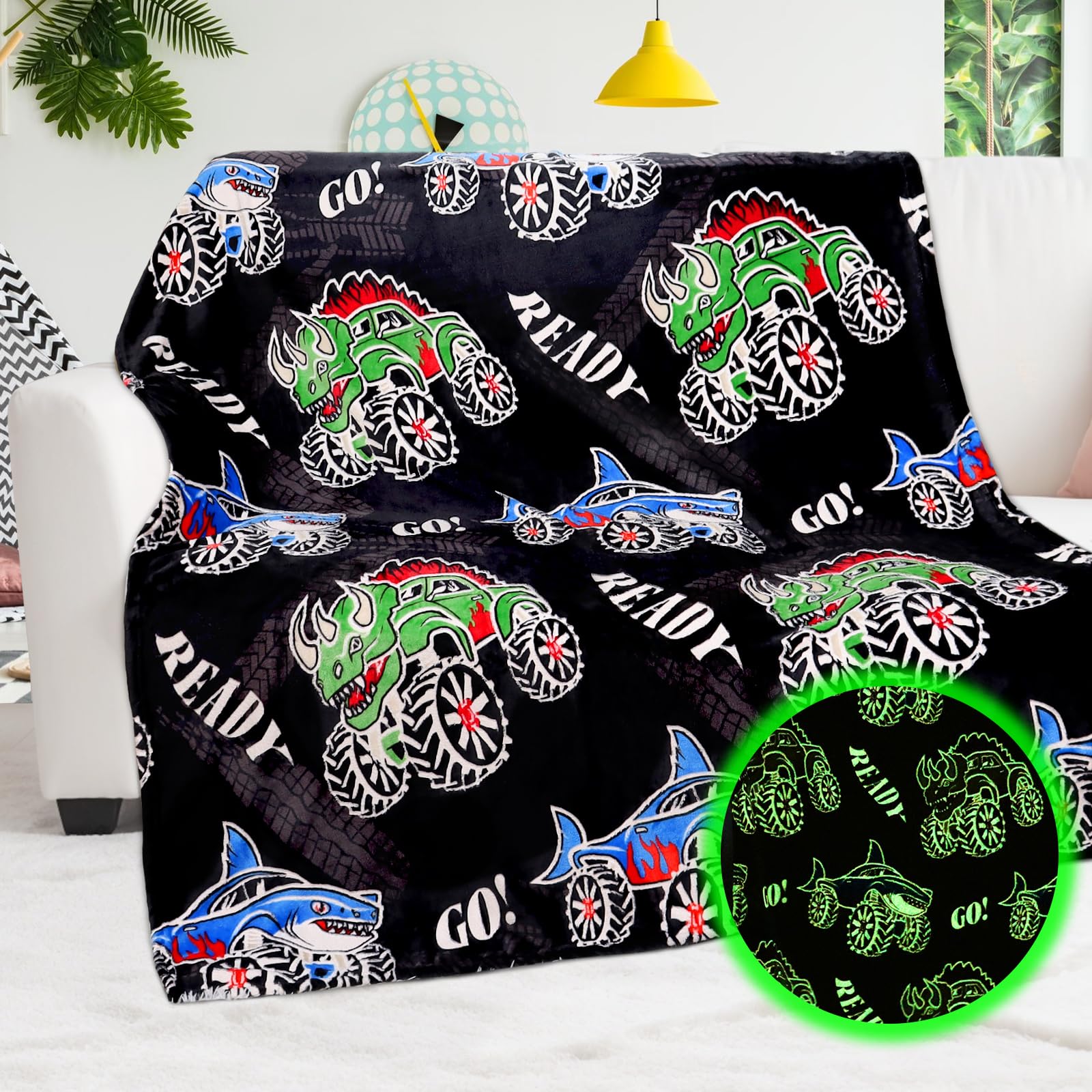 Bororo Dinosaur Truck Toys Glow In The Dark Truck Blanket For Boys Shark Throw Blanket Construction Excavator Birthday Gifts For