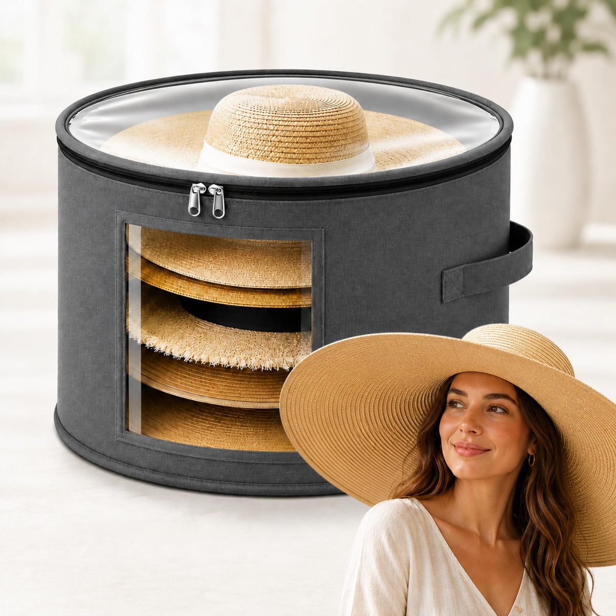 GliCraft Extra Large Sun Hat Storage Box for Women, 23.6 D x 15.7 H Clear Cowboy Hat Organizer Storage Box with 4 Support Rods