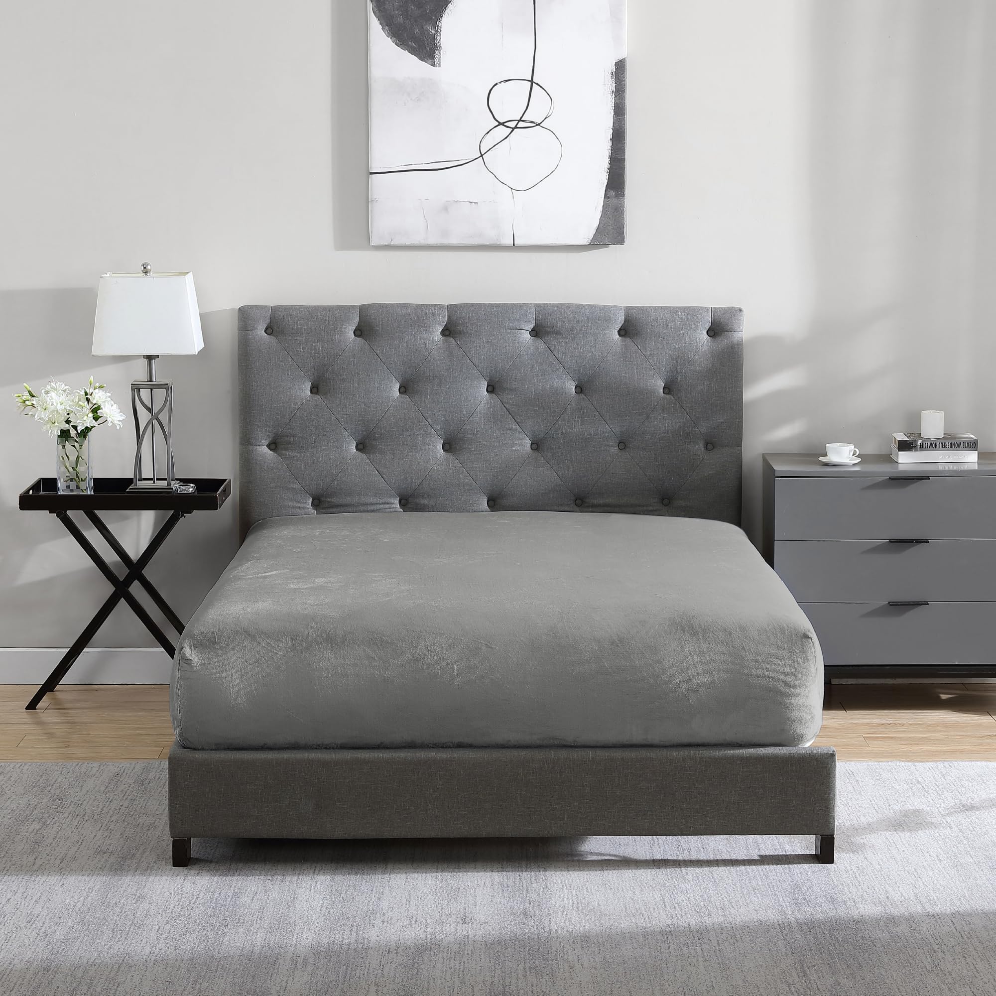 Cathay Home Queen Flannel-Plush Fitted Sheet - Ultra Soft & Thick Plush, No-Pilling - All Season Cozy Warmth - 12' Deep Pocket