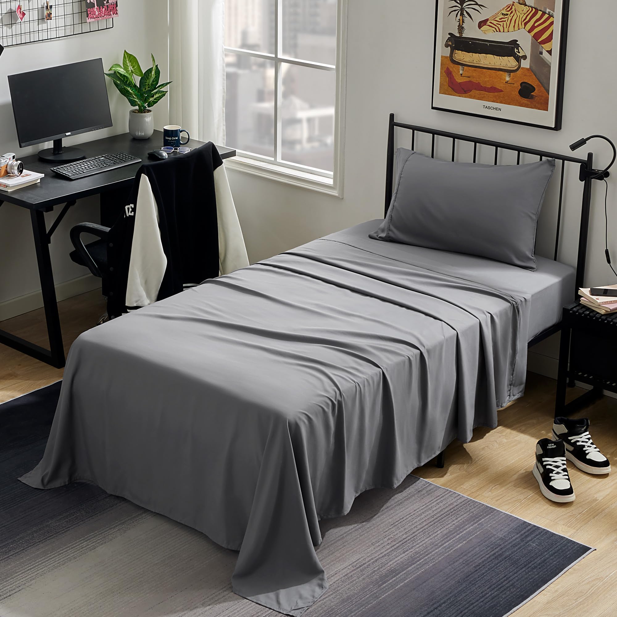 Sleep Zone Nanotex Super Soft Cooling Twin Bed Sheets Set For Kids 3 Piece - Easy Care Fitted Flat Sheet & Pillowcase Sets - Wrinkle Free, Fade Resistant, Deep Pocket 16' (Gray, Twin)