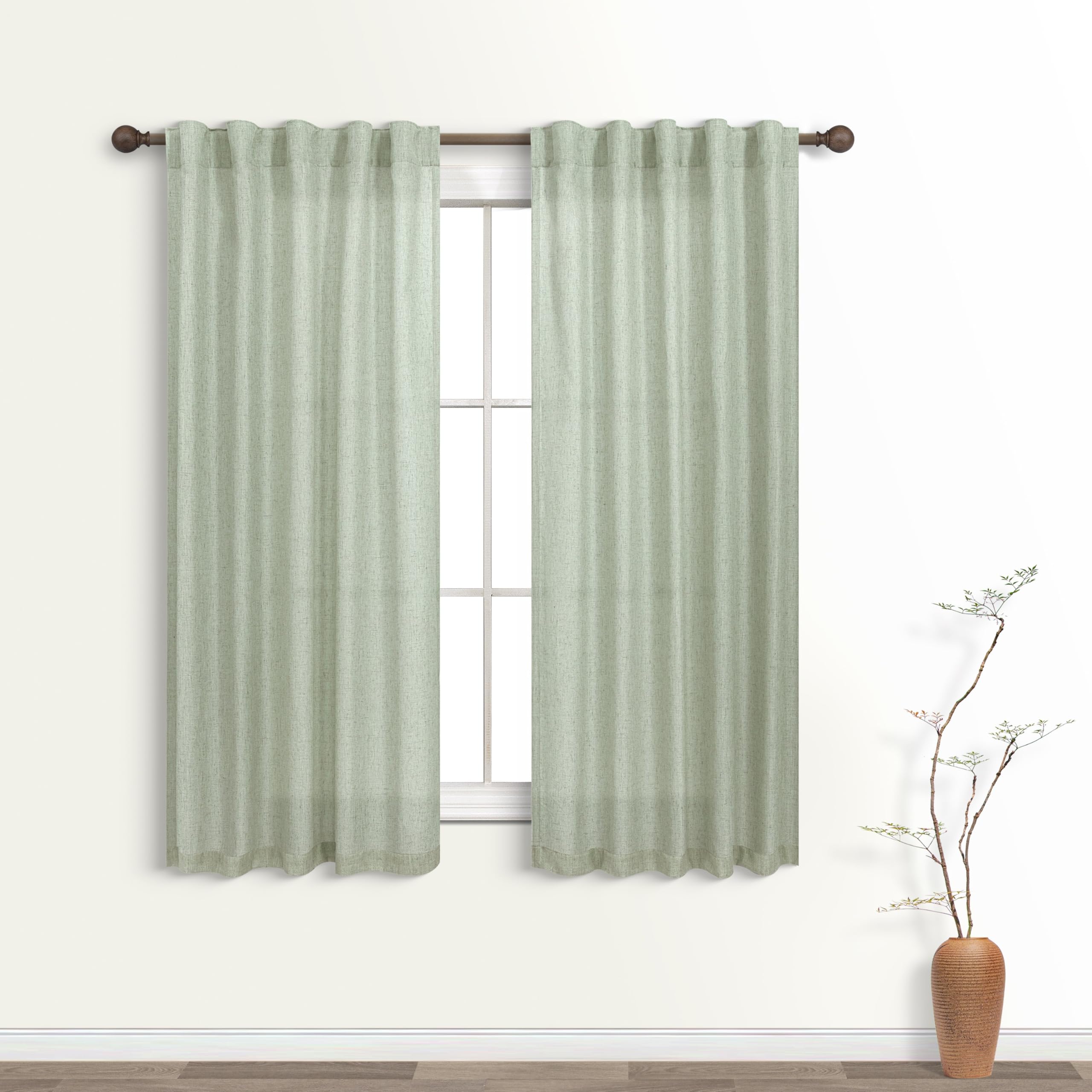 Koufall Sage Green Back Tab Rod Pocket Linen Sheer Curtains 38 By 54 For Bedroom